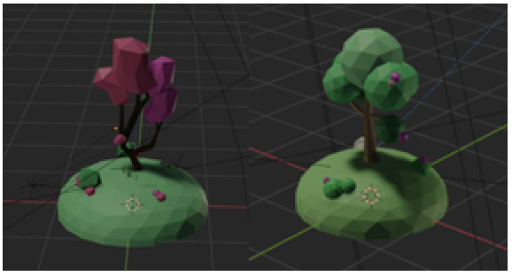 Two 3D modeled trees, one with pink flowers and a dark trunk, the other with purple flowers and a lighter trunk, on green grassy bases.