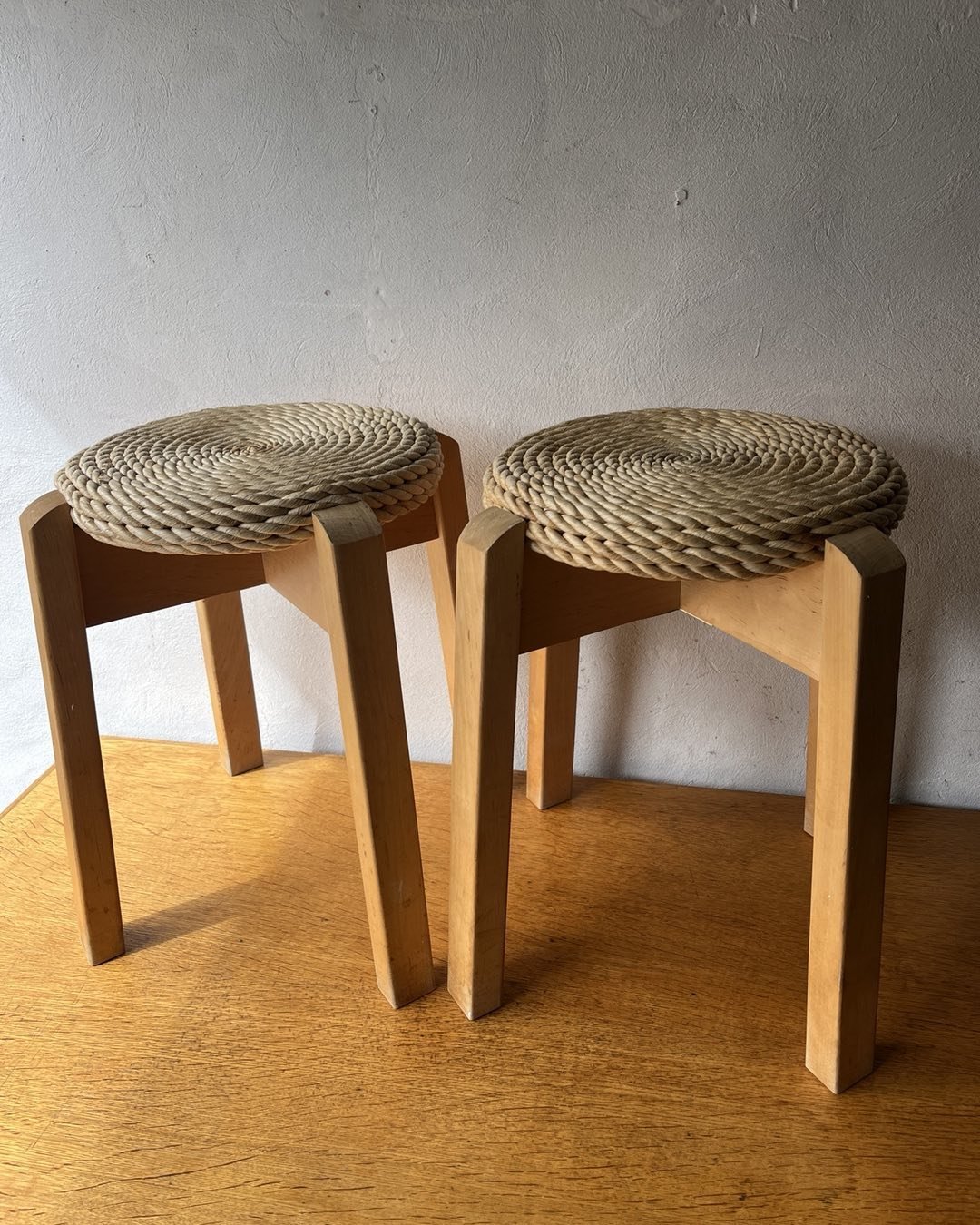 Audoux-Minet Style stools.Birch and Rope.Height 44cm.Circa 1970s.For Sale.Dm for info#stool #rope#original#architect#french#midcenturymodern#modernist#interiorstyle#decorativemodern#stacking#sculpture#decor#living#perriand#chapo#prouve#yanagi#jeanner