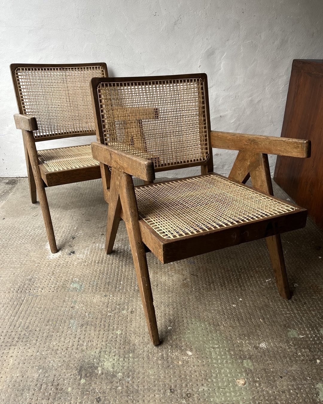 Jeanneret Low Easy Pair.Circa 1955..Clerks Desk 1957.All Excellent Original Examples.Dm for info #lounge#artisan#pigeonhole#original#architect#sculpture#midcentury#modernist#rustic#patina#collectable#collect#frenchdesign#cane#teak#interiorstyle#decor