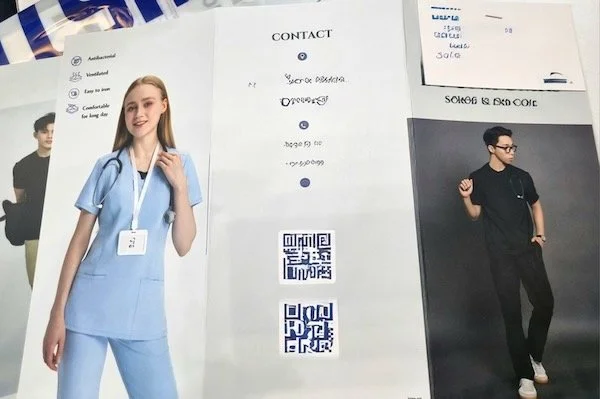 Manufacturer brochure for DT Uniforms showing functional medical scrubs with antibacterial and ventilated fabric features