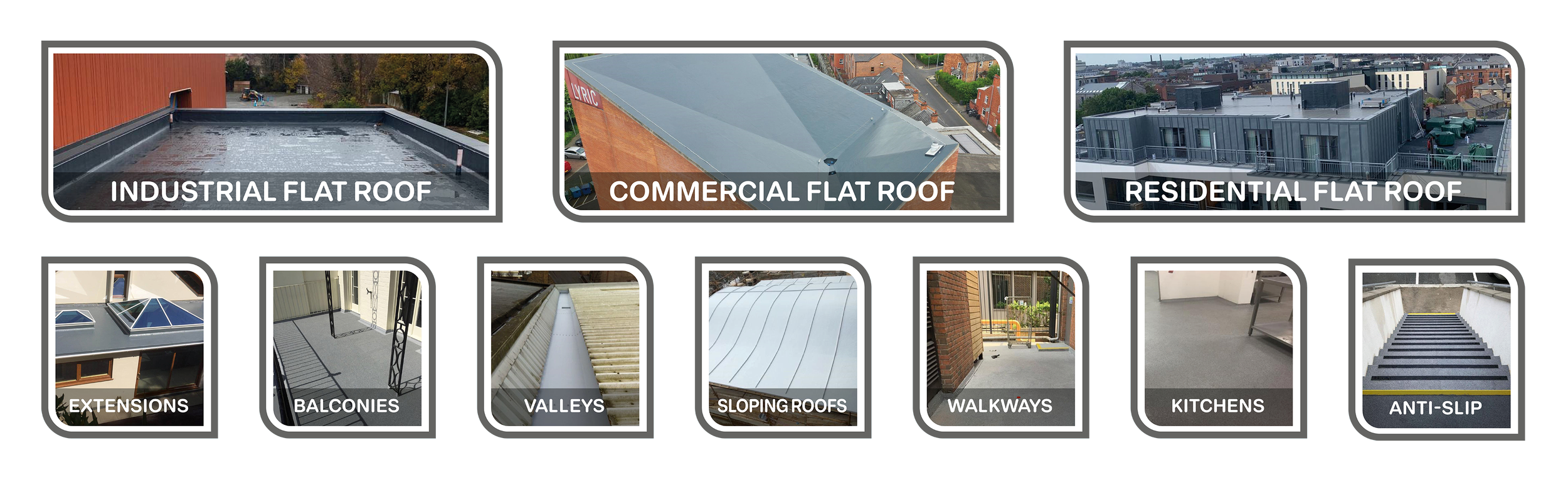 Lava 20 liquid roofing gallery showing industrial, commercial and residential flat roof refurbishment projects including balconies, walkways and anti-slip finishes in Cheshire and the North West