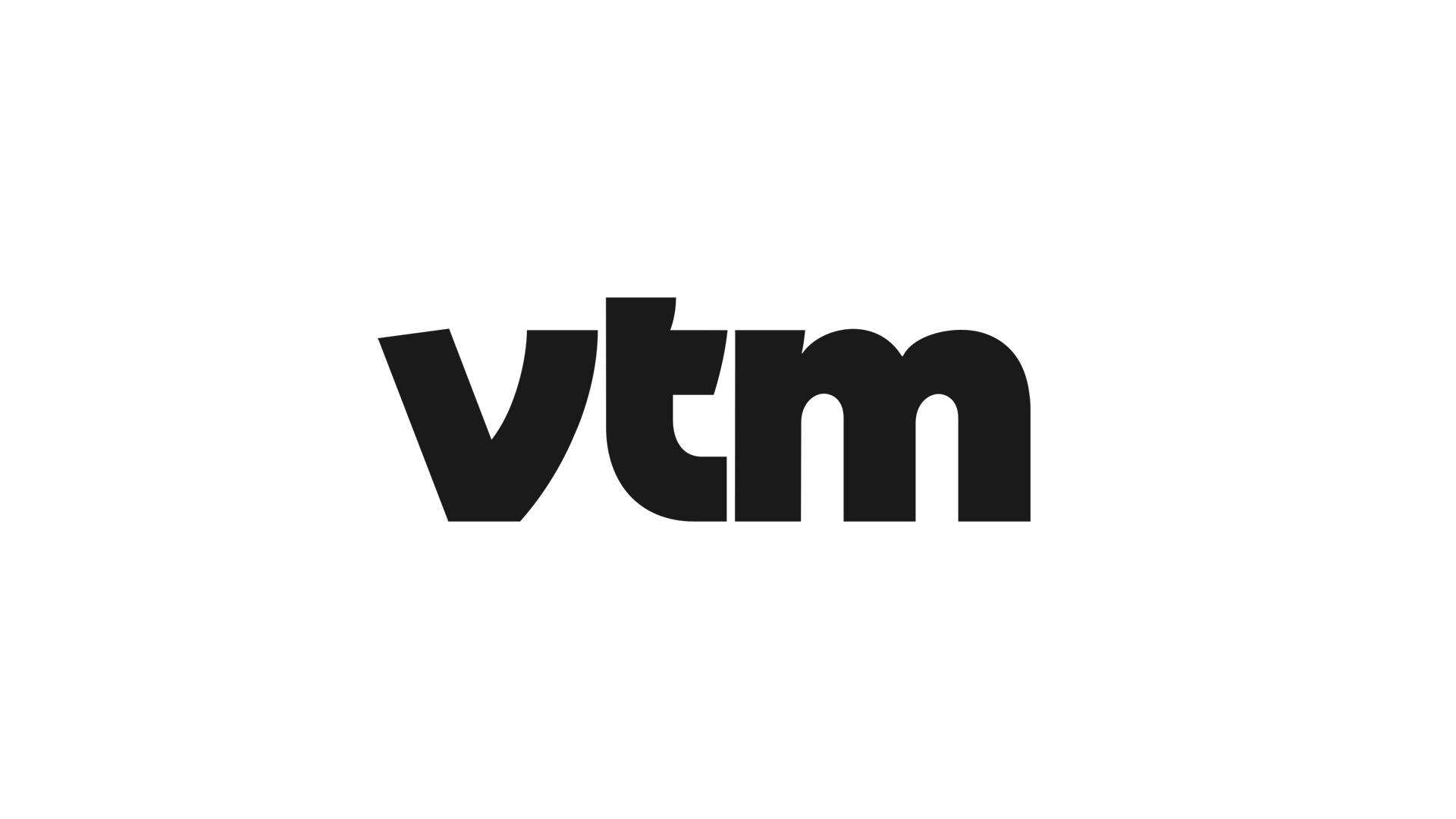 Het logo van VTM, een Belgische televisiezender, in zwart op een witte achtergrond.