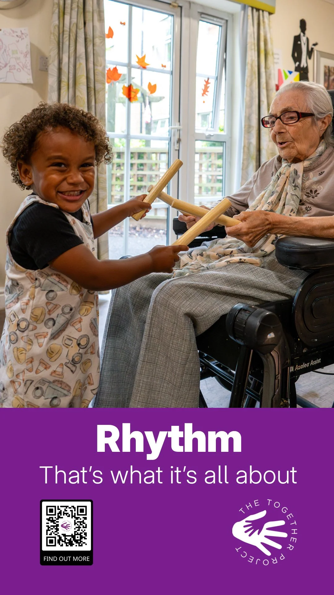 Campaign poster showing a joyful musical moment across generations with the word “Rhythm”