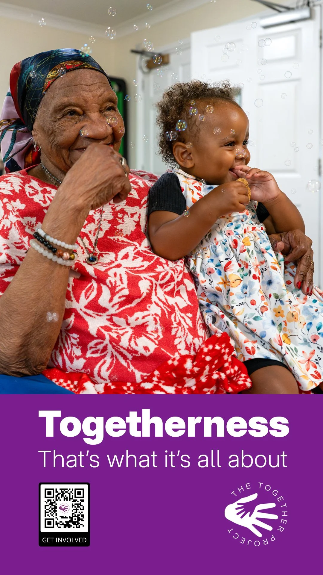 Campaign poster showing a warm intergenerational moment with the word “Togetherness”