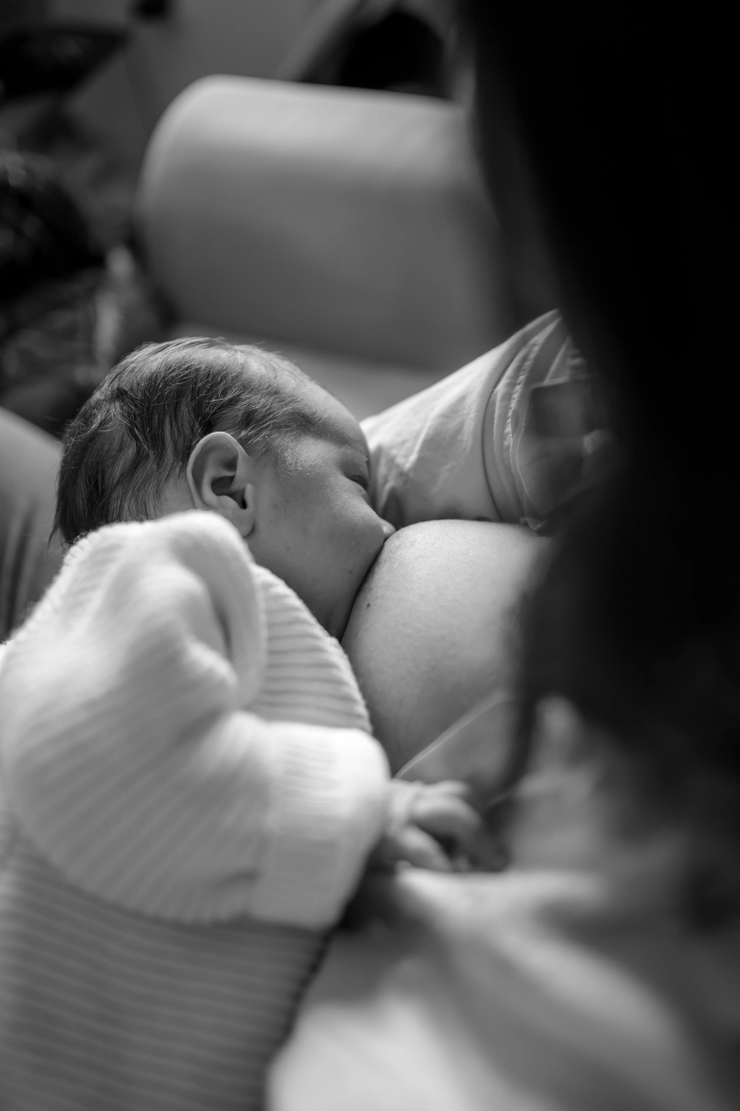 Un bébé en noir et blanc, allaitant une mère, dans un cadre intime et paisible.