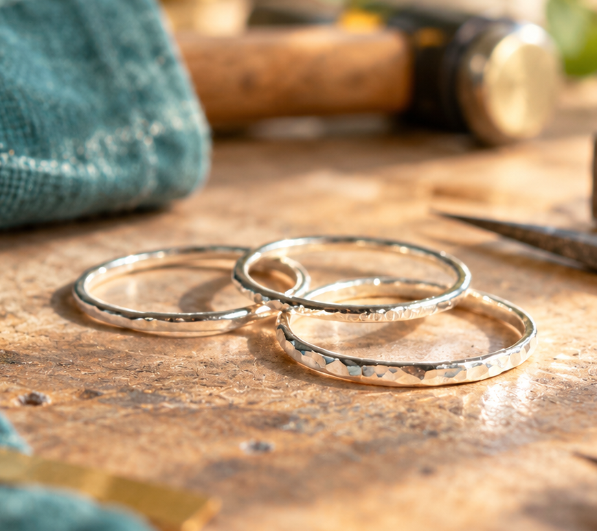 Hammered Silver Rings on a Jeweler’s Bench.png