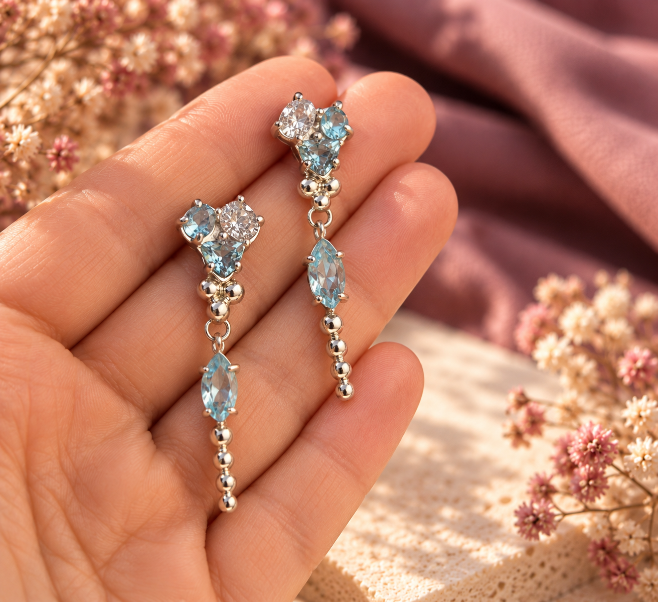 Aquamarine Silver Drop Earrings in Sunlight.png