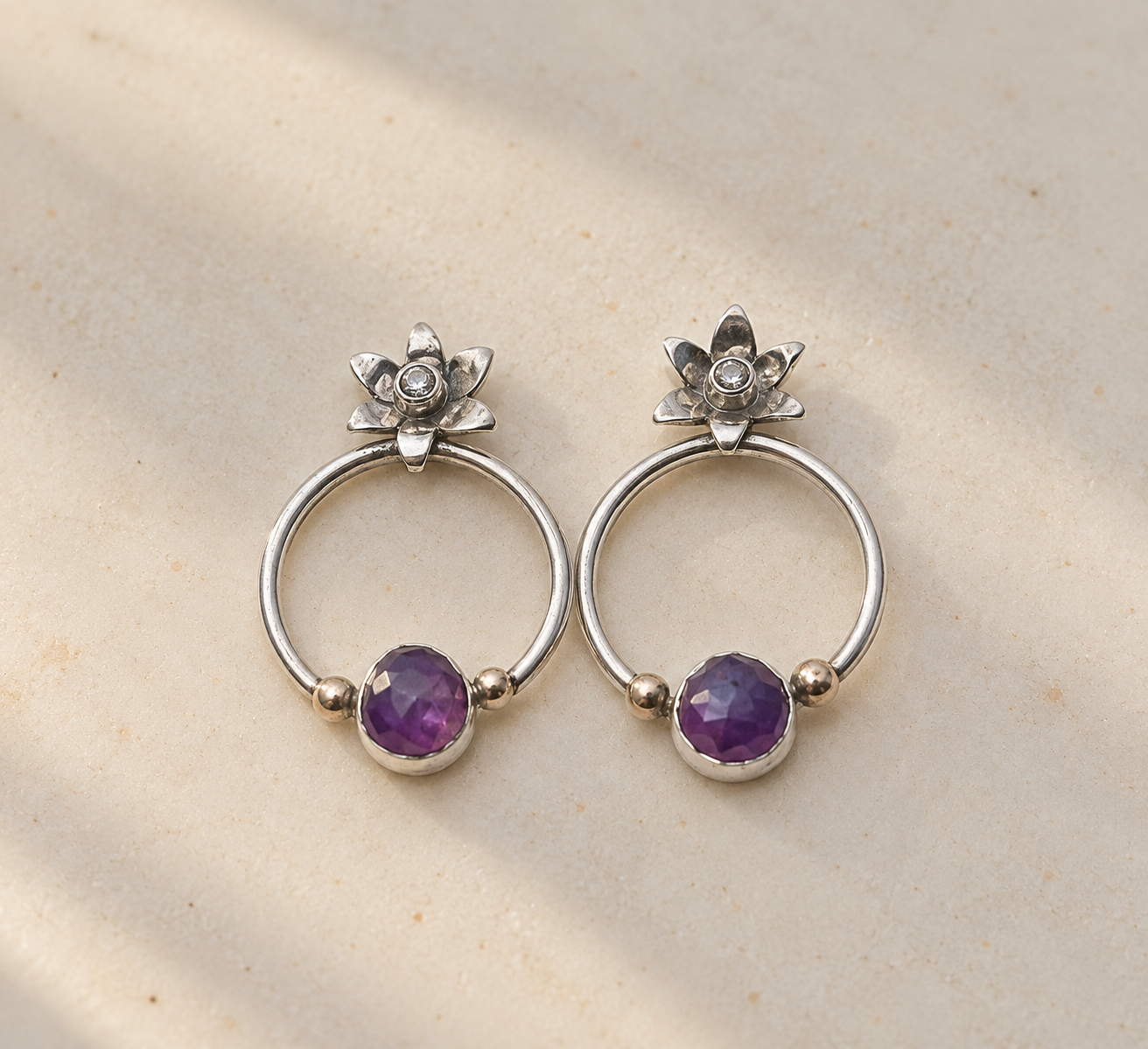 Lotus Ruby circle earrings in sterling silver and 9 carat gold