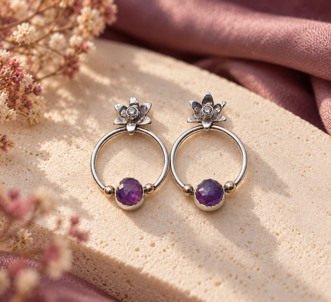 Amethyst Silver Floral Hoop Earrings.png