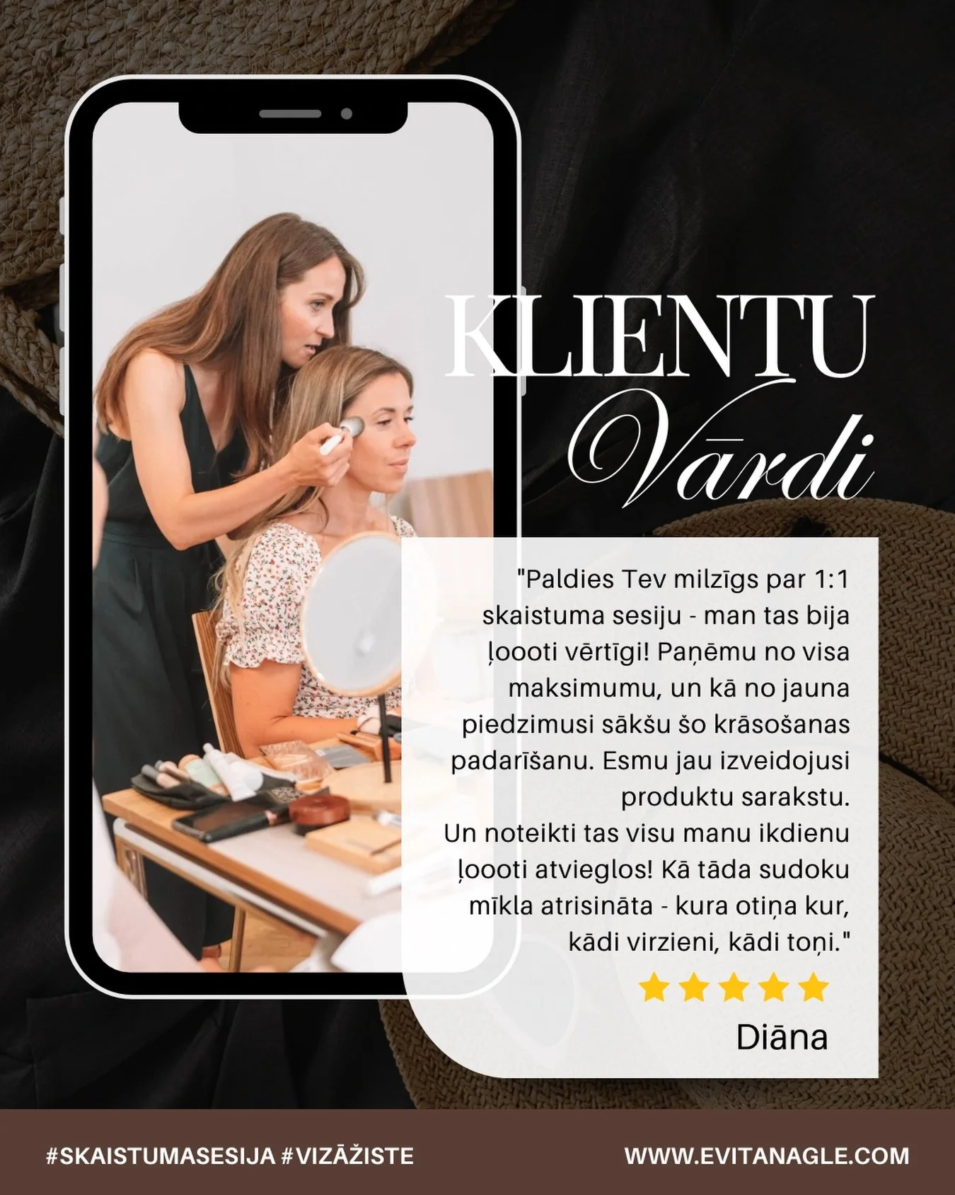 Kas īsti ir 1:1 skaistuma sesija?

Tā ir individuāla, 1,5-2 stundu sesija, kas veltīta tikai Tev.

Sesijas laikā mēs:
&bull; analizējam Tavas sejas vaibstus un dabisko kolorītu
&bull; izskatām Tavu kosmētikas maciņu (kas strādā un kas ne)
&bull; izvē