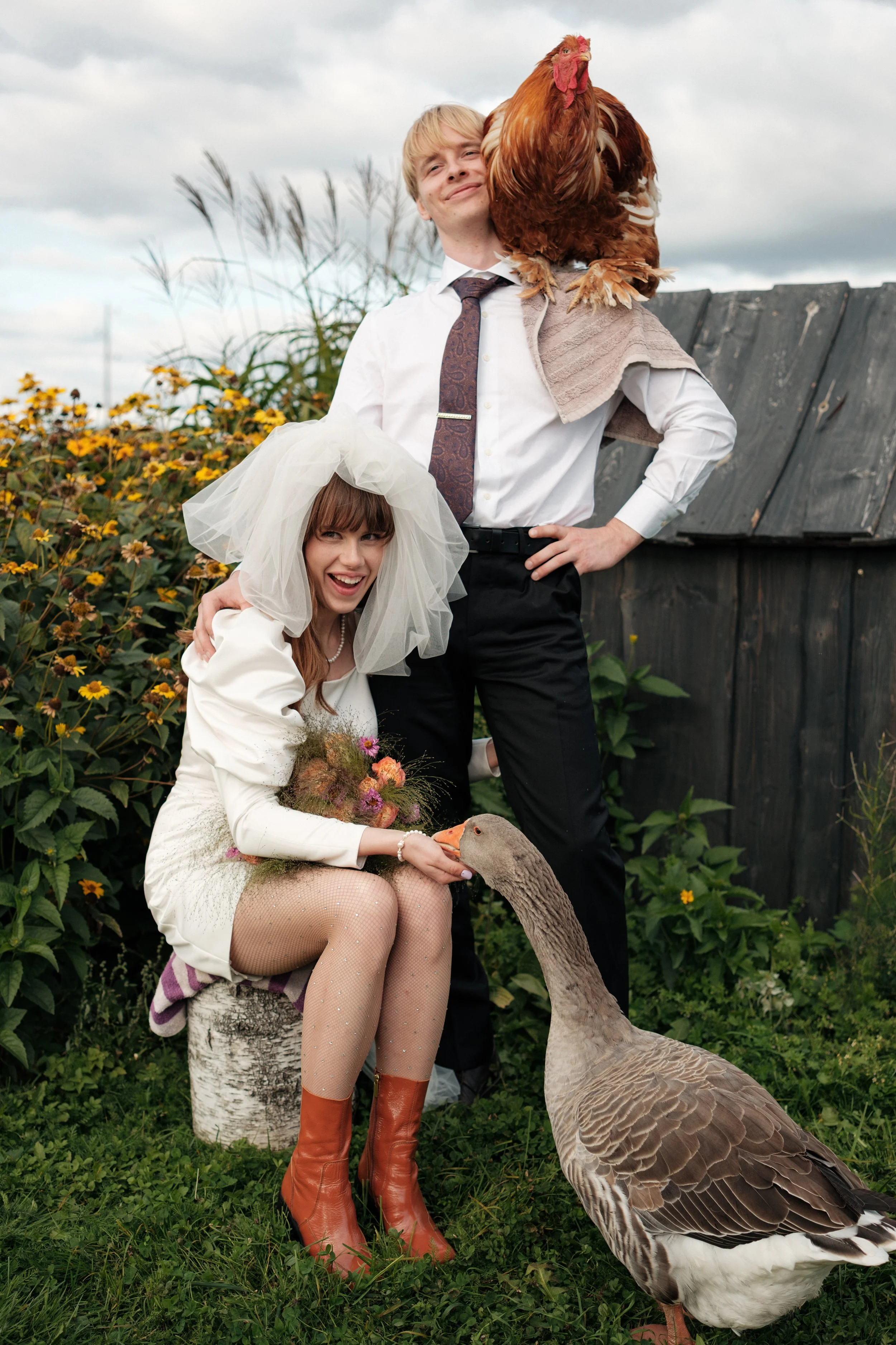 Three people dressed in wedding attire interacting with a goose and a hen outdoors, with a background of bushes and a wooden barn.
