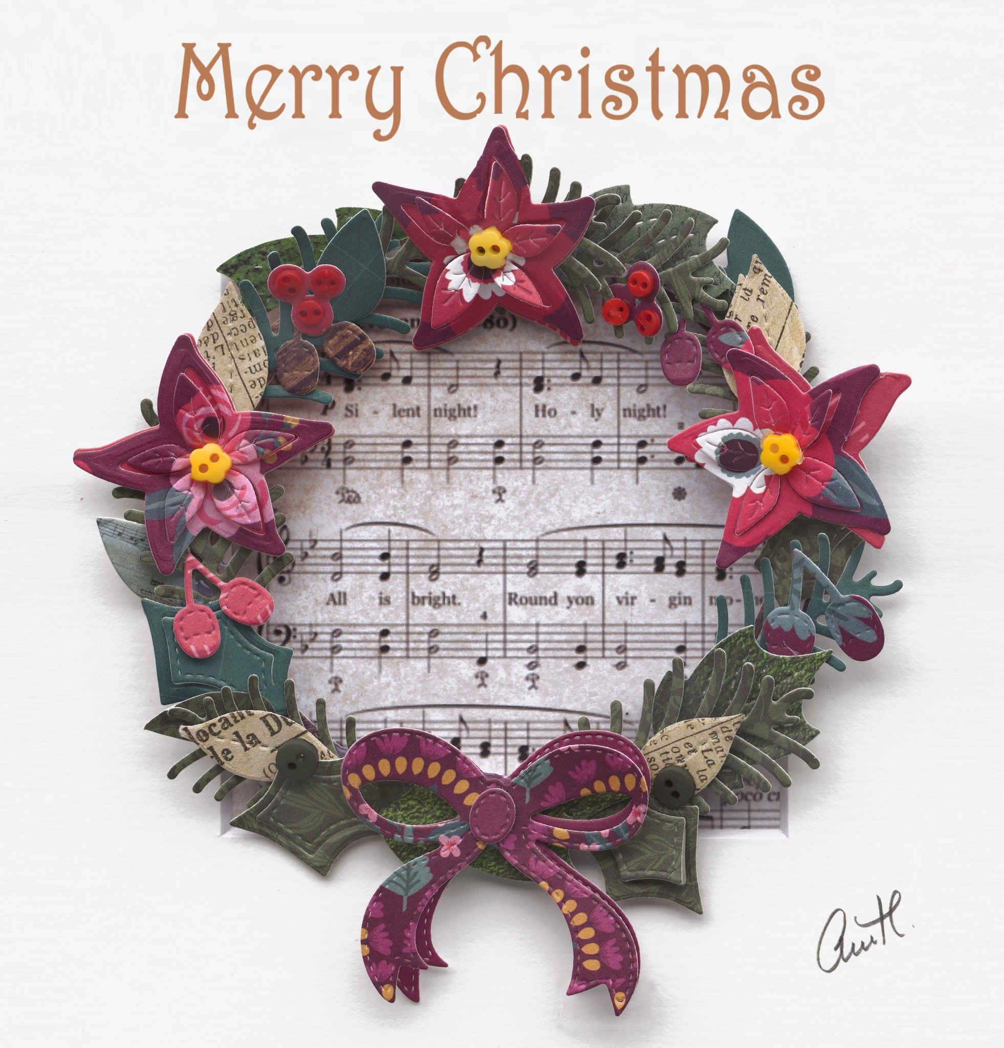 Last of the new editions for 2024 Christmas Cards is this stunning wreath card. 🥰 Printed from a handmade design using papercraft and buttons.  The wreath is placed ontop of sheet music for the Christmas classic Silent Night.  Printed onto quality c