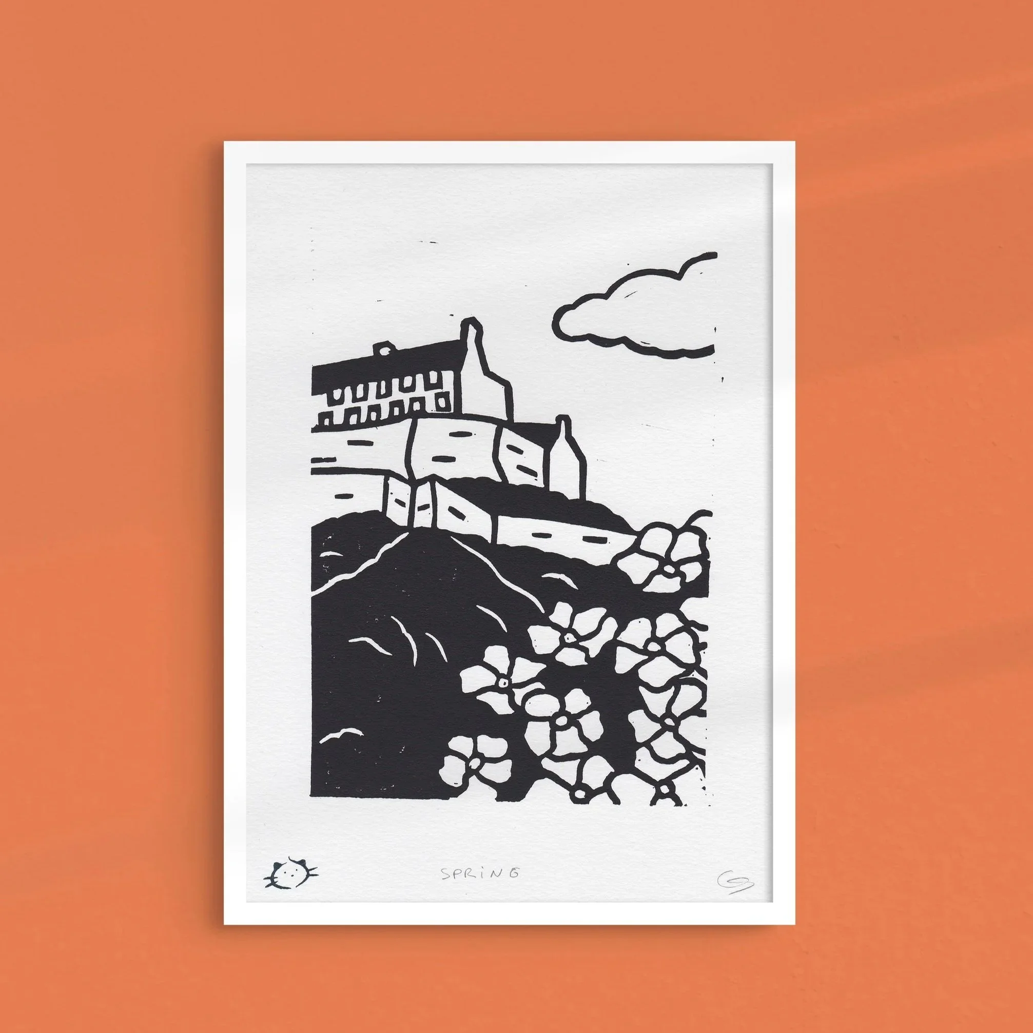 Spring - Edinburgh Castle Lino print with Cherry Blossom