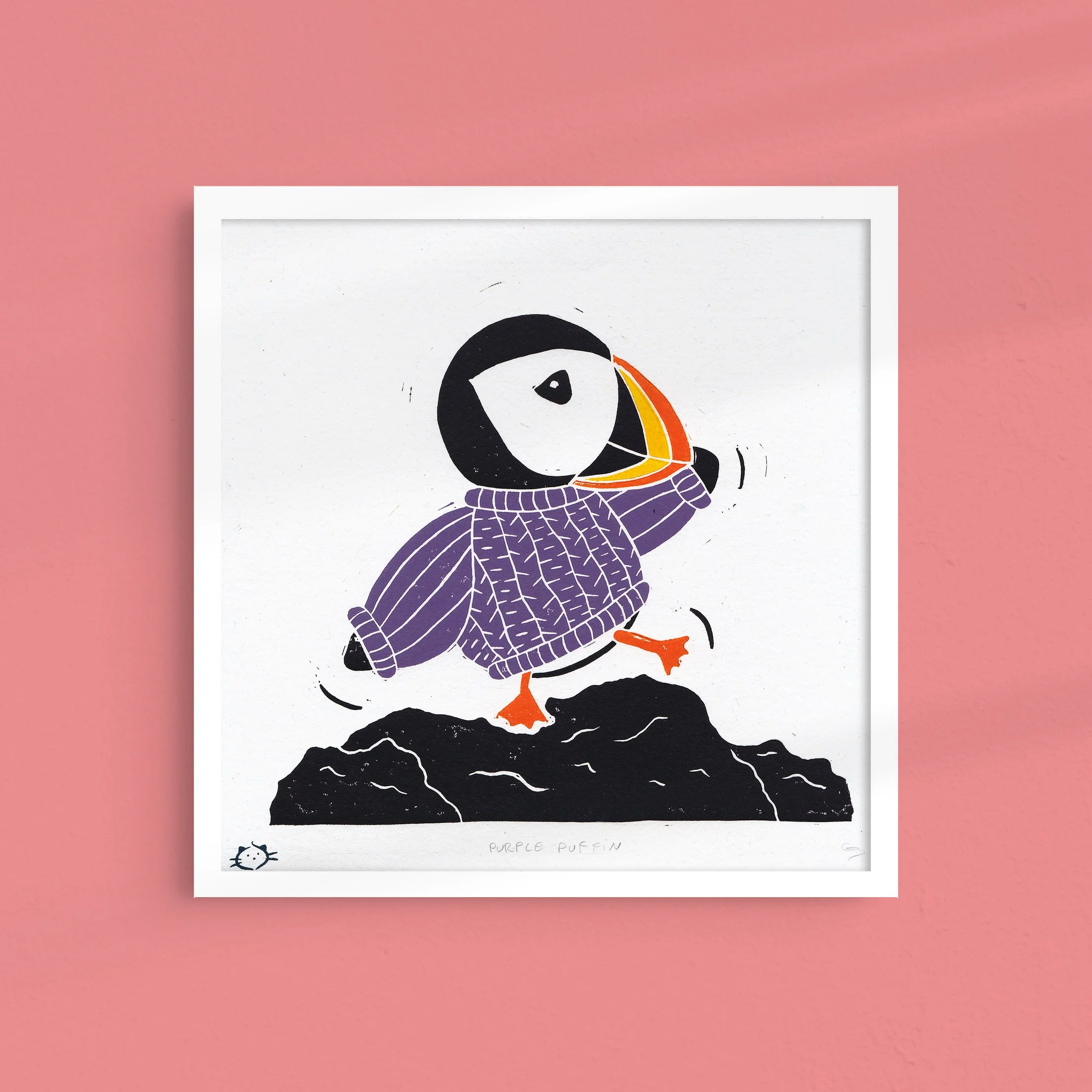 Comfy Puffin in Jumper - Lino Print