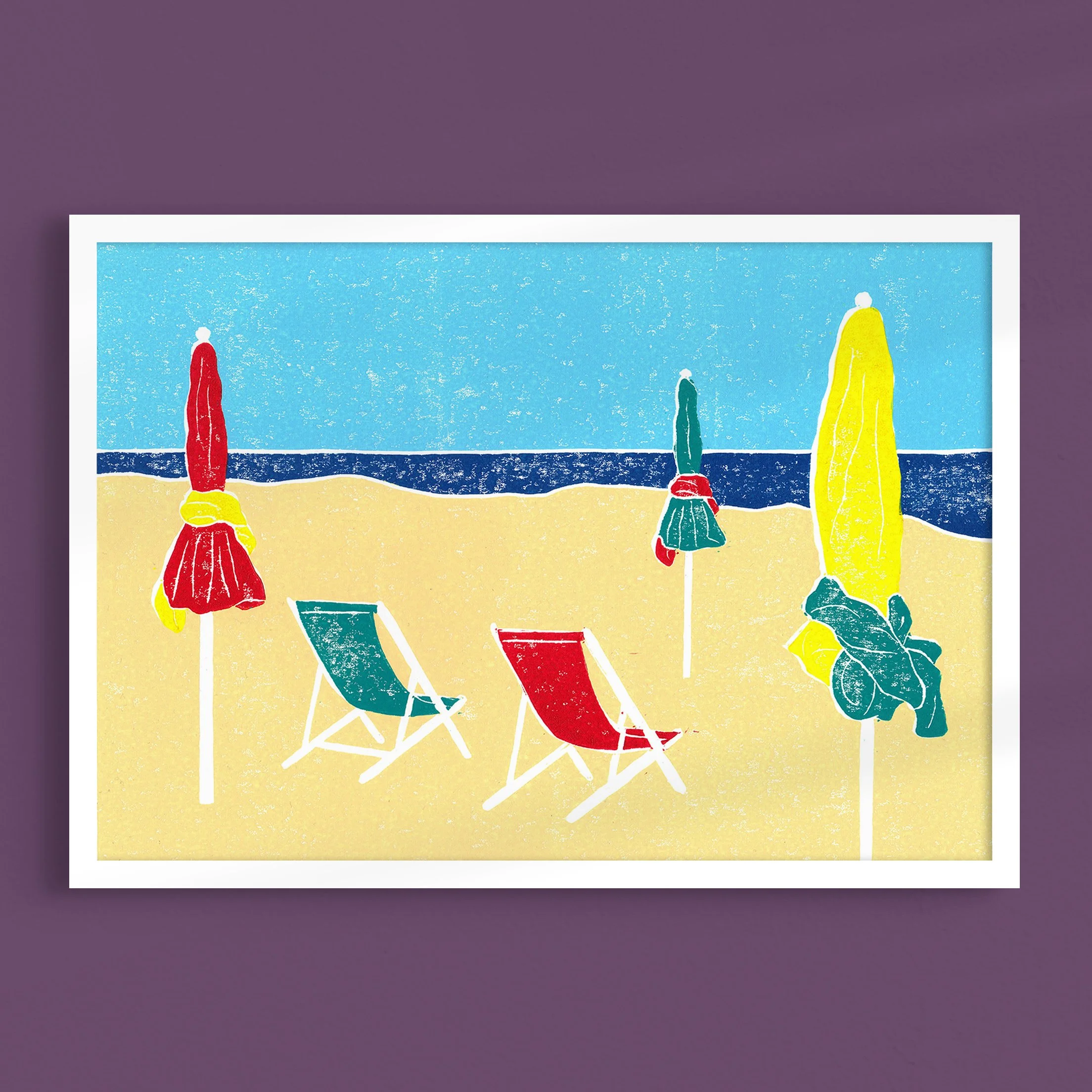 Deauville, France - Beach Landscape Linoprint