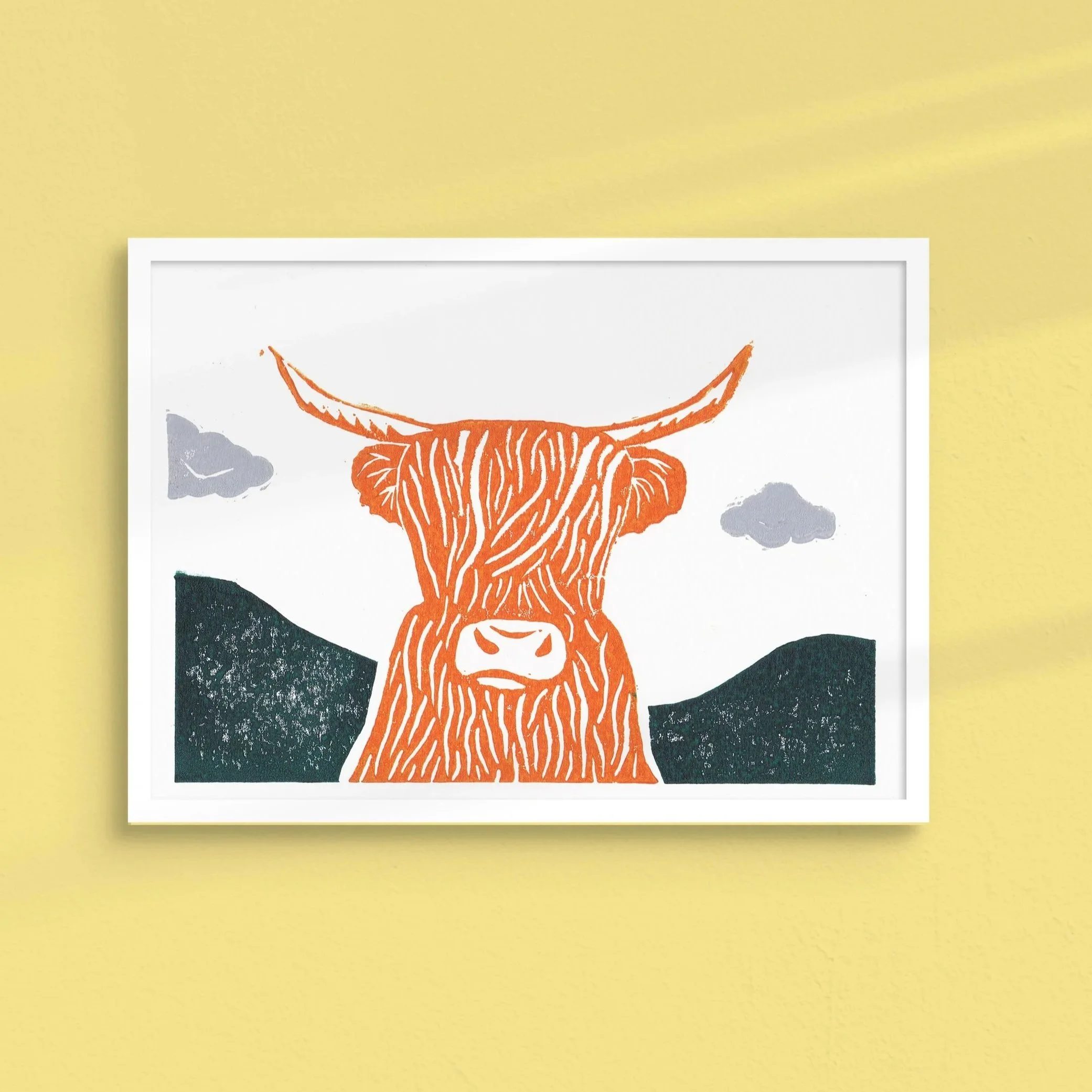 Orange Scottish Highland Cow Lino Print