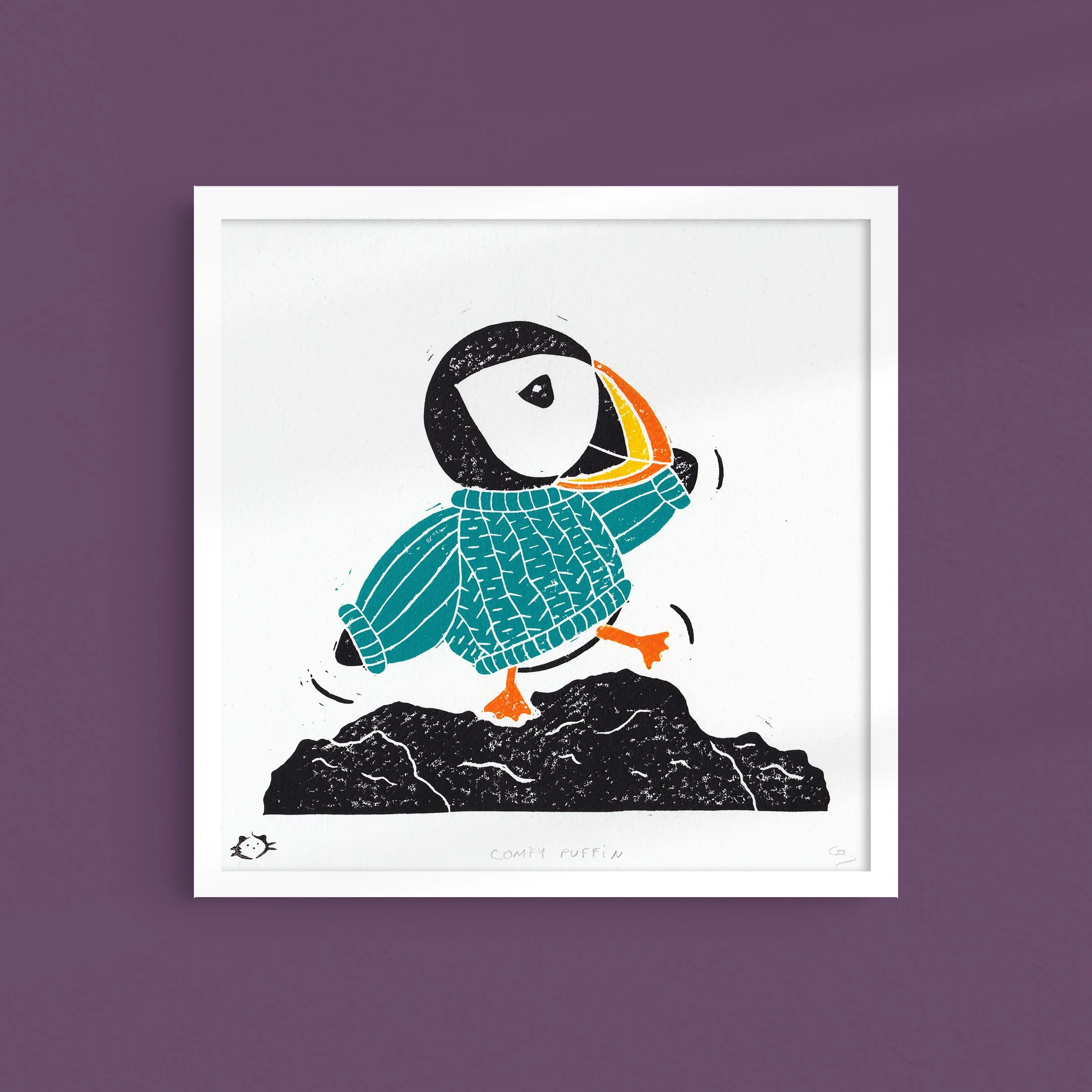 Comfy Puffin with Knitted Jumper Lino print