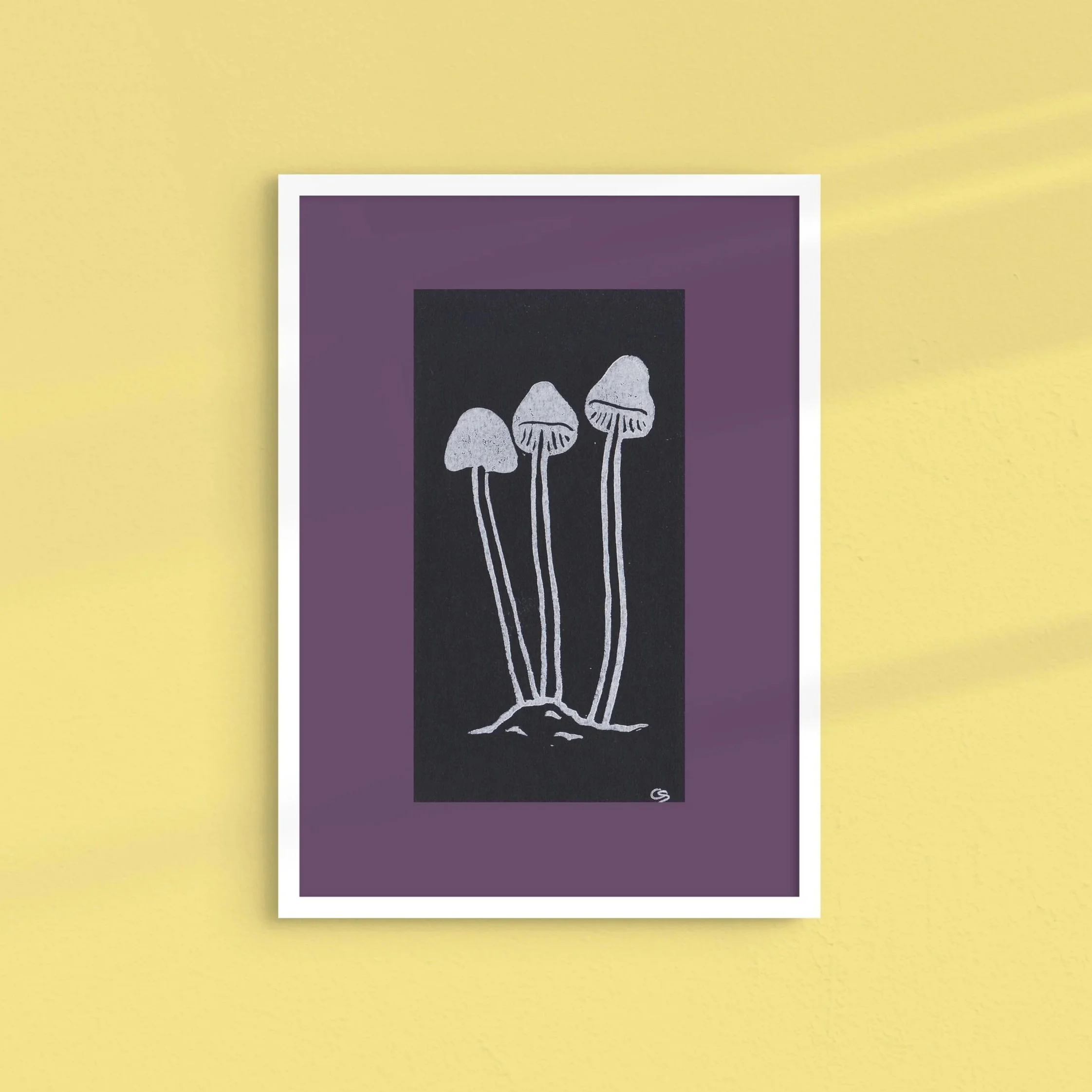 White Mushrooms - Small Handmade Linocut Print