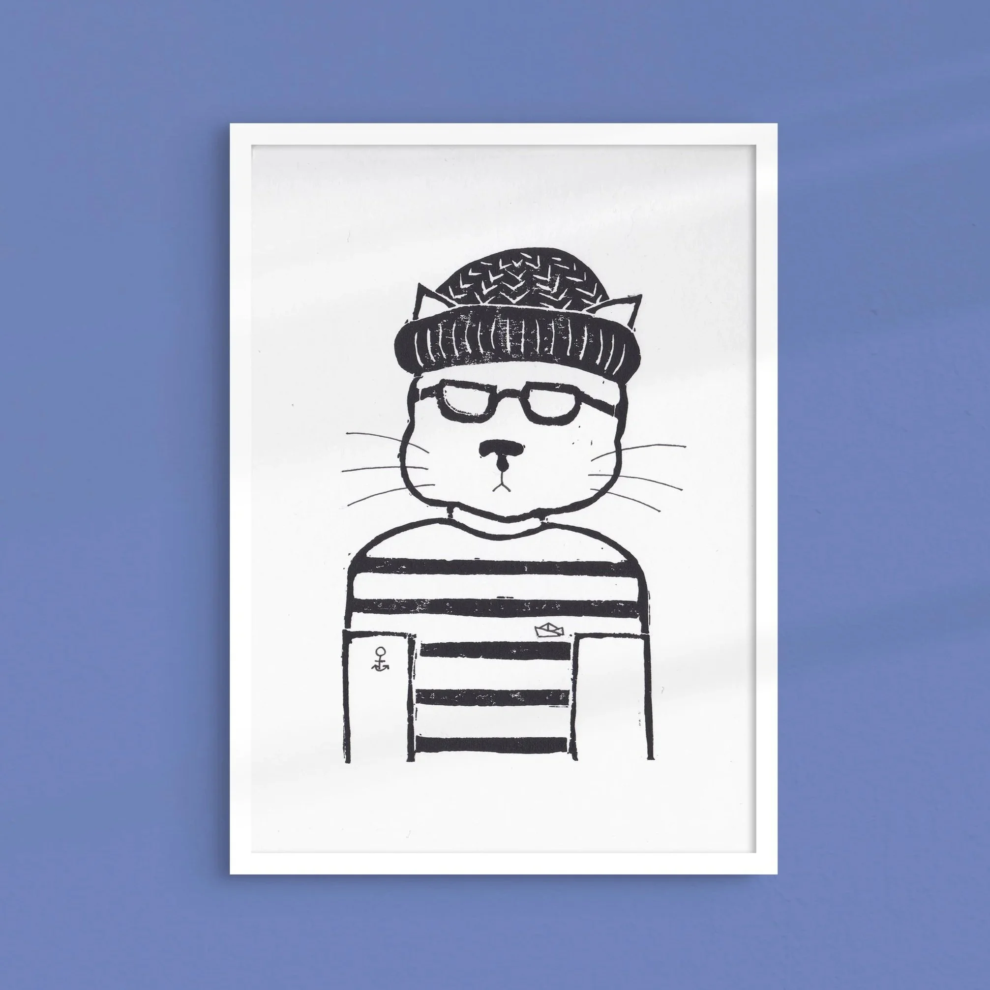 Hipster Cat - Linocut print