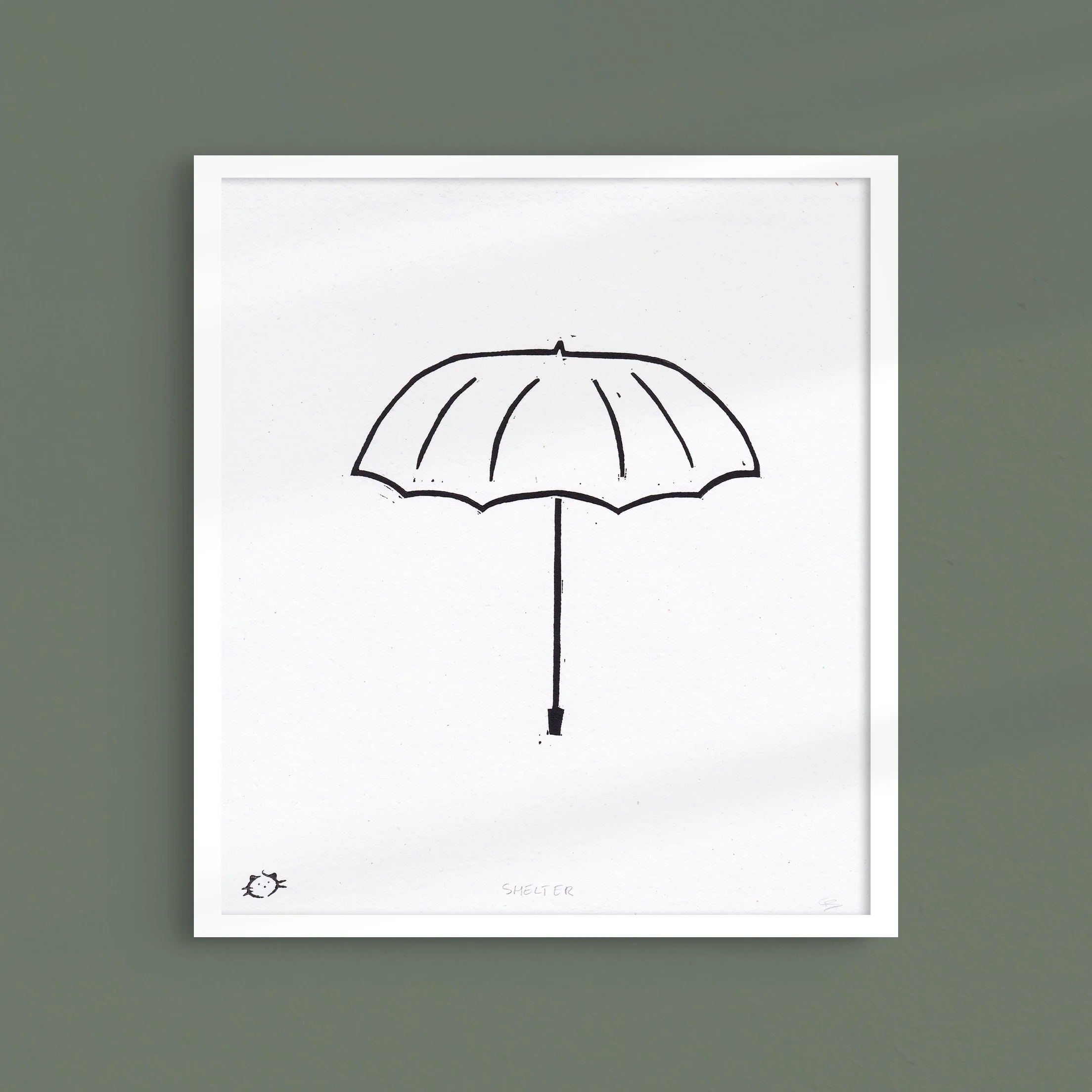 Shelter - Umbrella Linocut print on recycled paper