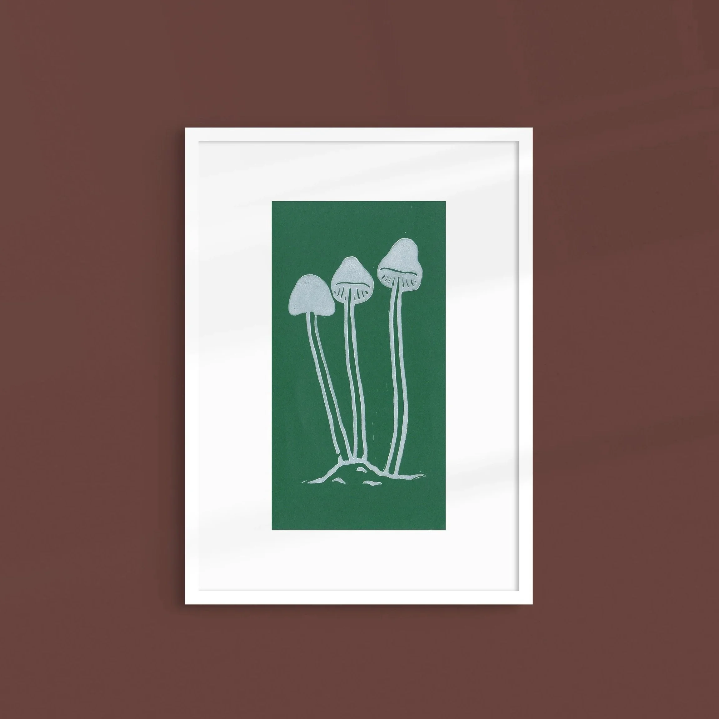 Green Mushrooms - Small Handmade Linocut Print