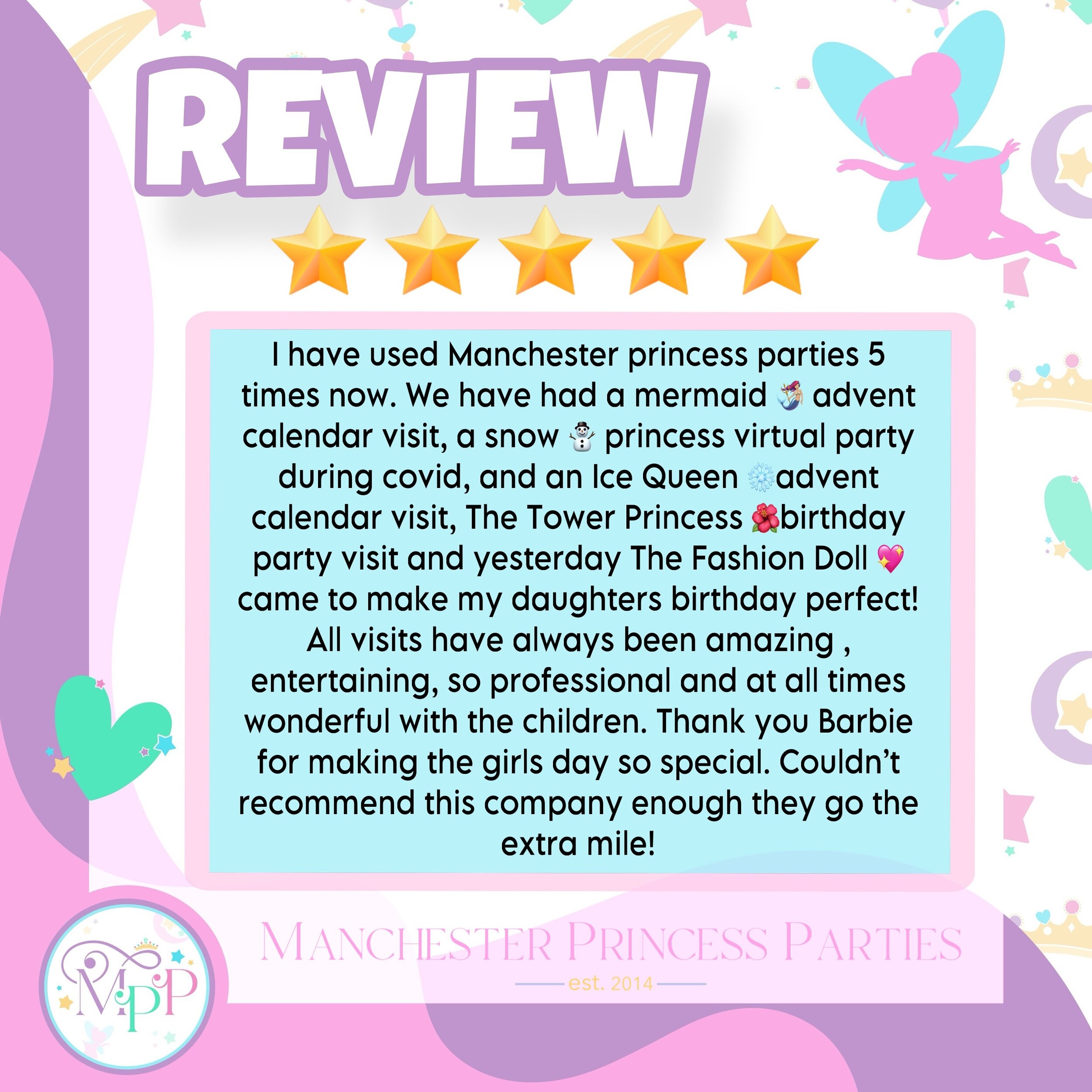Thank you so much to Racheal for such an incredible review ✨🌟
.
#partyprincess #partyprincessuk #entertainer #entertainmentmanchester #manchester #greatermanchester #manchestermums #manchesterparties #manchesterentertainment #disney #partyideas#part