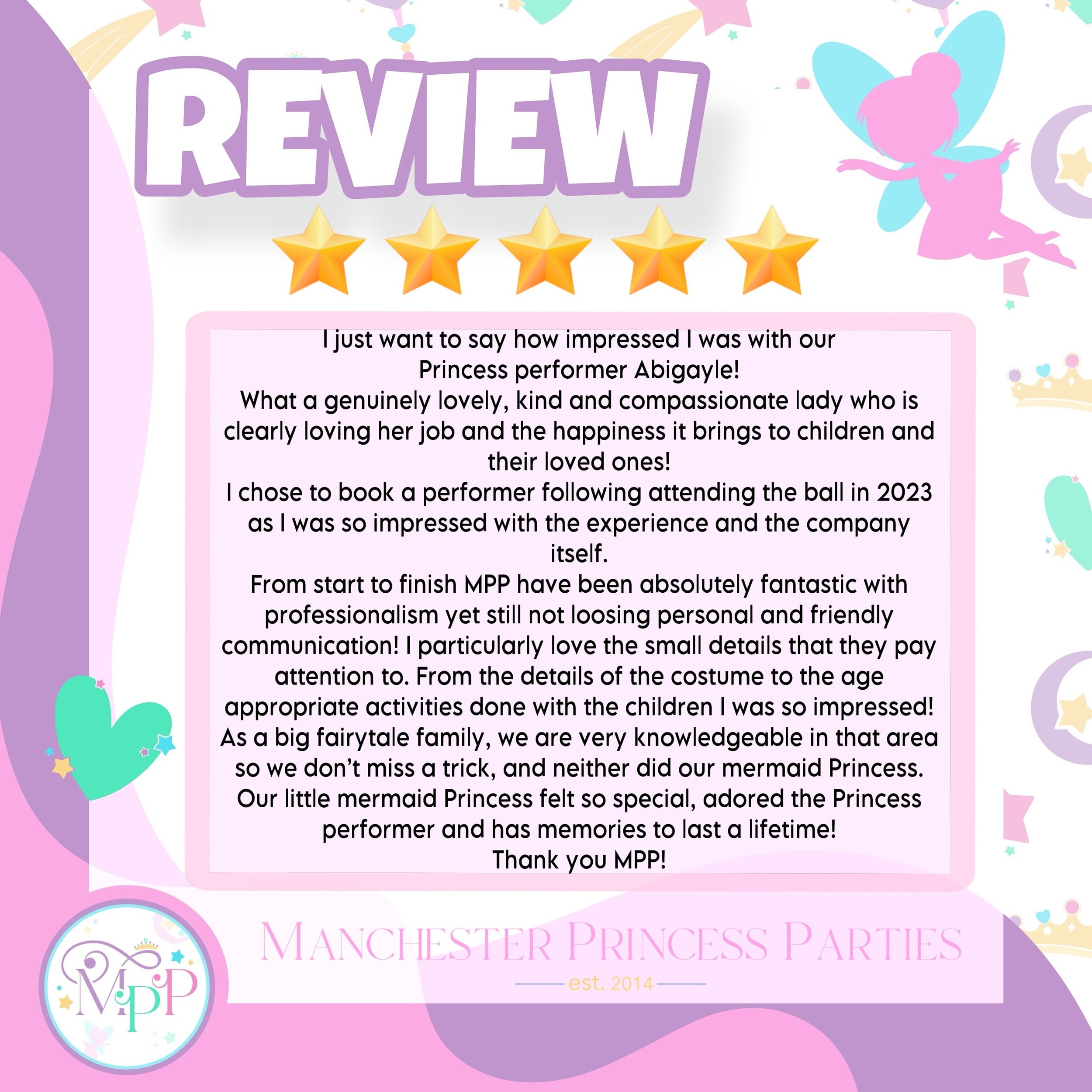 What a lovely review for our incredible performer Abigayle 💖✨

&ldquo;clearly loving her job and the happiness it brings to children and their loved ones&rdquo;

Couldn&rsquo;t have said it better ourselves 😊🌟
.
#partyprincess #partyprincessuk #en