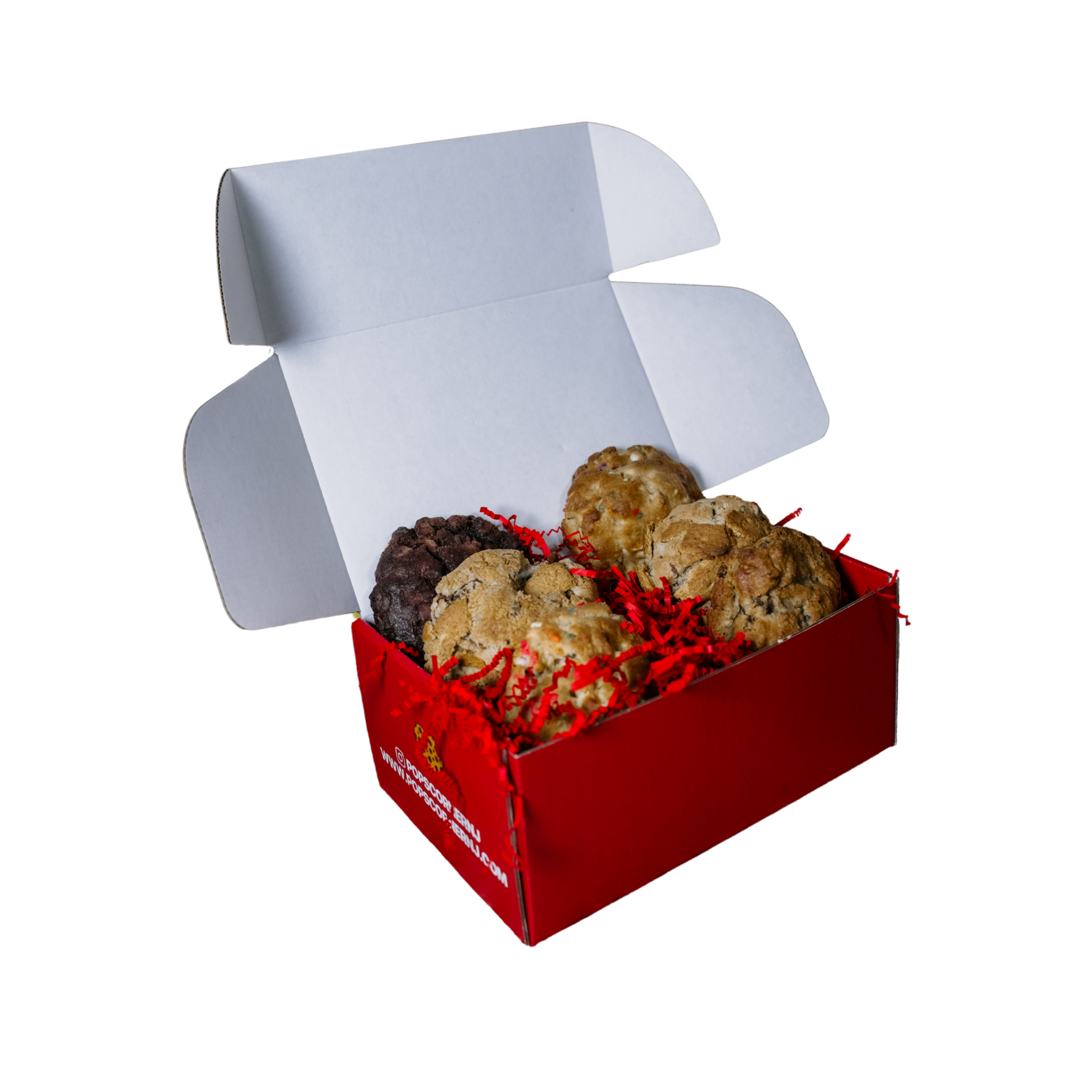 Six-pack Valentine’s Day cookie gift box featuring assorted handmade cookies.