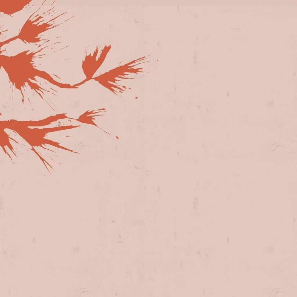 Abstraktes Design mit roten Blütenblättern auf rosa Hintergrund.