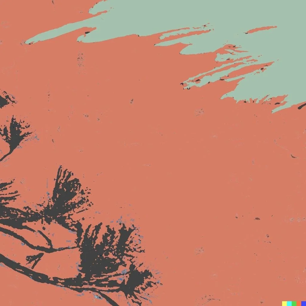 Abstraktes Bild mit stilisierten schwarzen Baumzweigen und hellblauen Wolken vor einem orangefarbenen Himmel.