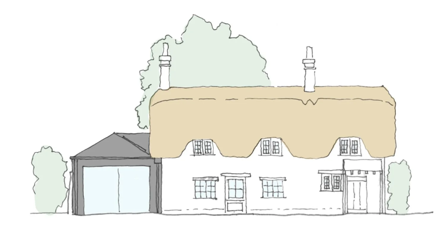 Pell-Stevens Architects sketch of contemporary single storey extension to historic locally listed cob cottage in Brockenhurst conservation area New Forest
