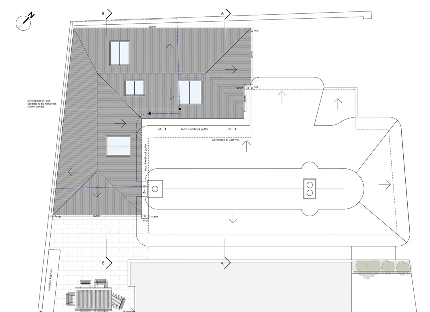 roof plan of single storey wrap around extension to historic locally listed cob cottage in New Forest roof plan