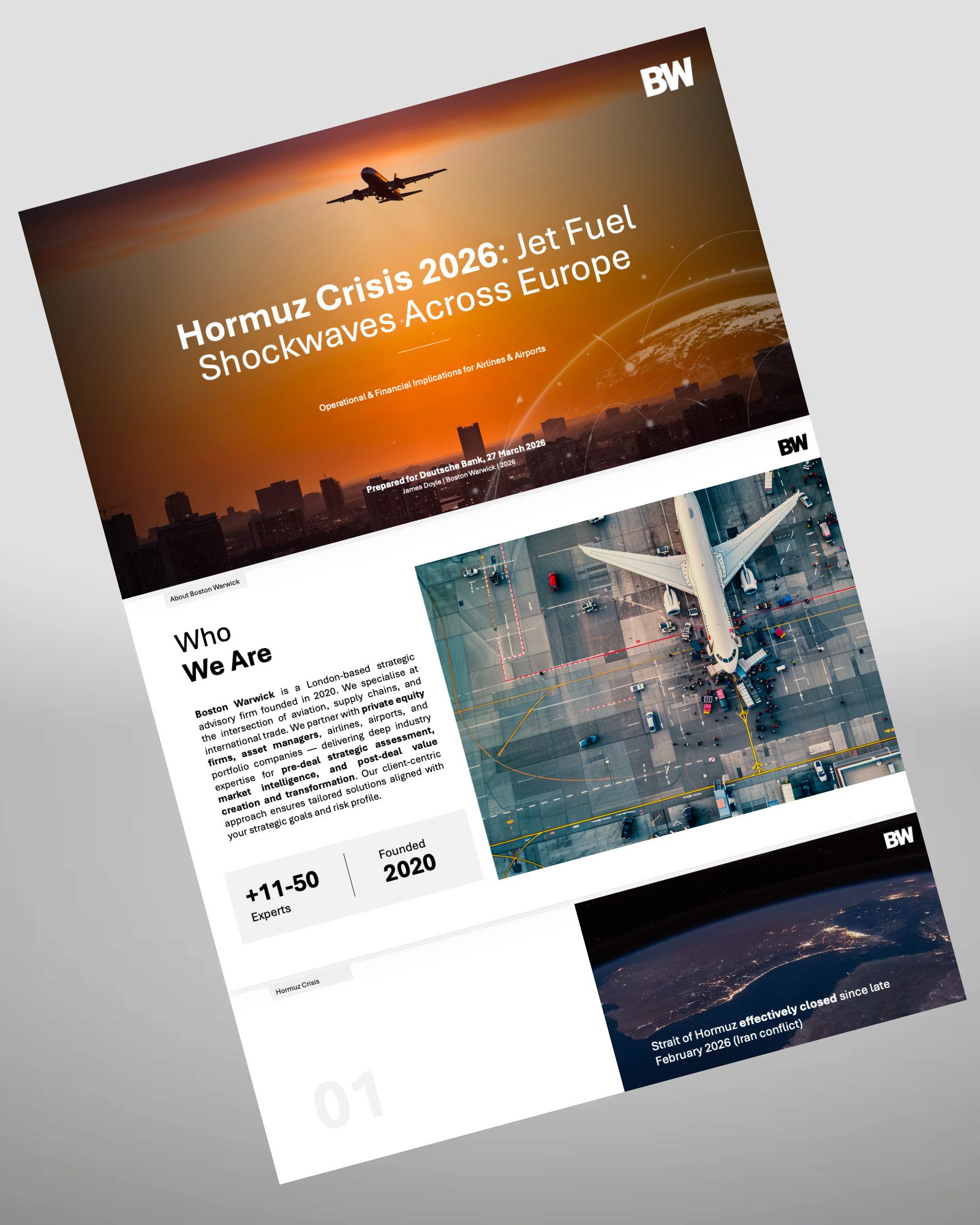 Cover page of a report titled "Hormuz Crisis 2026: Jet Fuel Shockwaves Across Europe," featuring an airplane flying over a cityscape at sunset, and an aerial view of an airport with parked airplanes.
