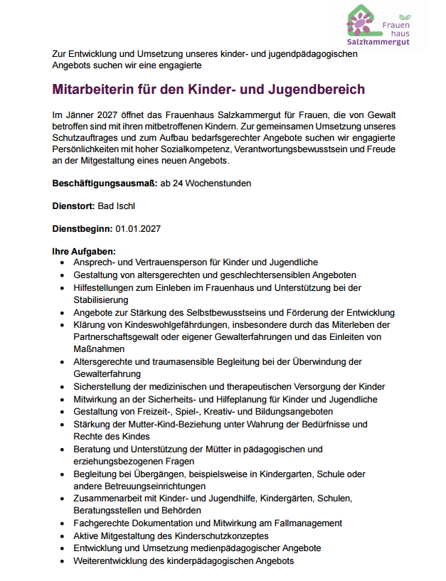 Ausschreibung Mitarbeiterin für den Kinder- und Jugendbereich