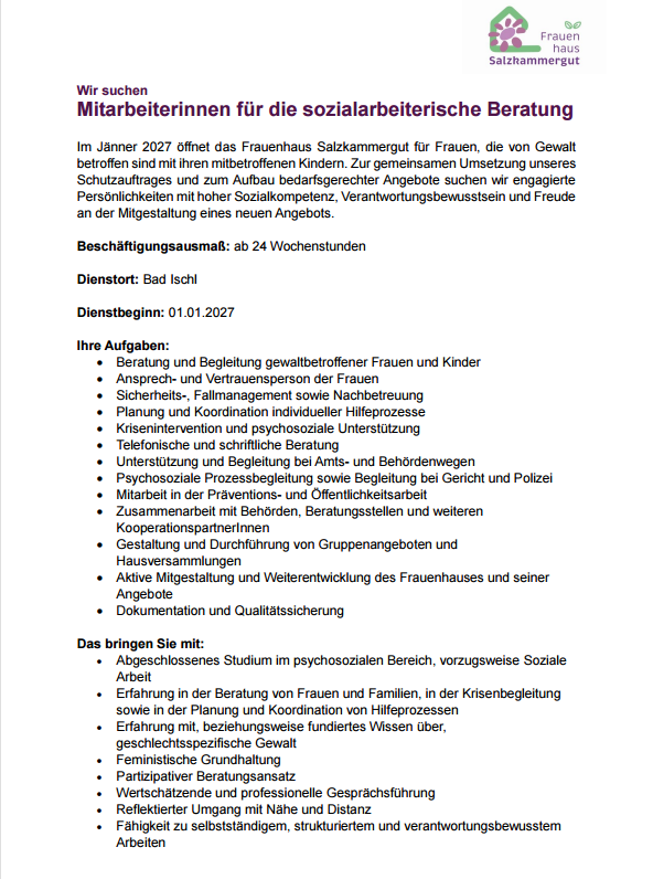 Ausschreibung Mitarbeiterinnen für die sozialarbeiterische Beratung