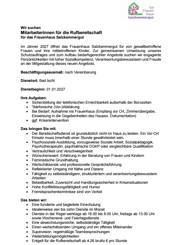 Ausschreibung Mitarbeiterinnen für die Rufbereitschaft