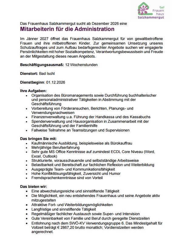 Ausschreibung Mitarbeiterin für die Administration