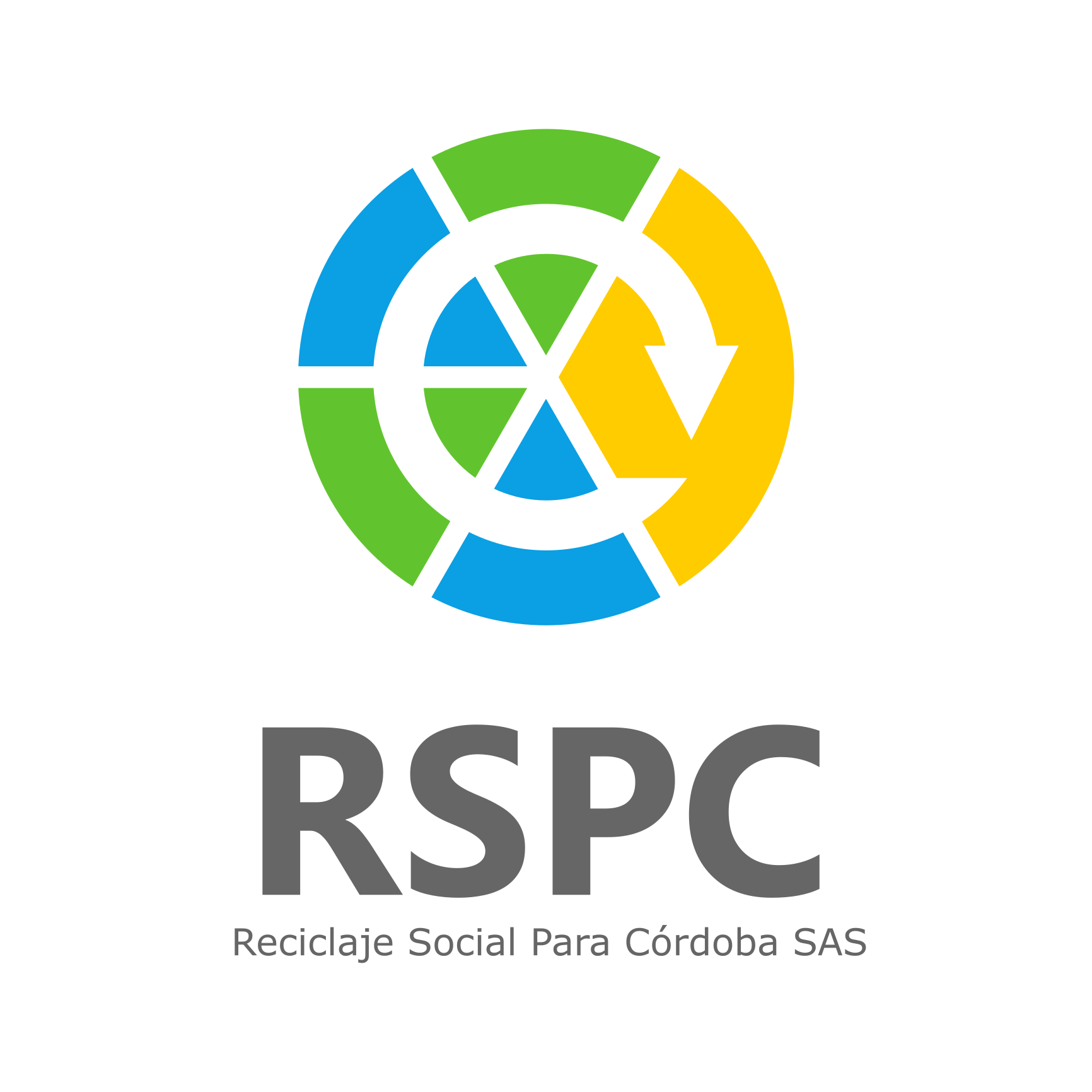 Logotipo de RSPC, Reciclaje Social Para Córdoba SAS, con círculos verdes, azules y amarillos decorativos y letras negras y grises.