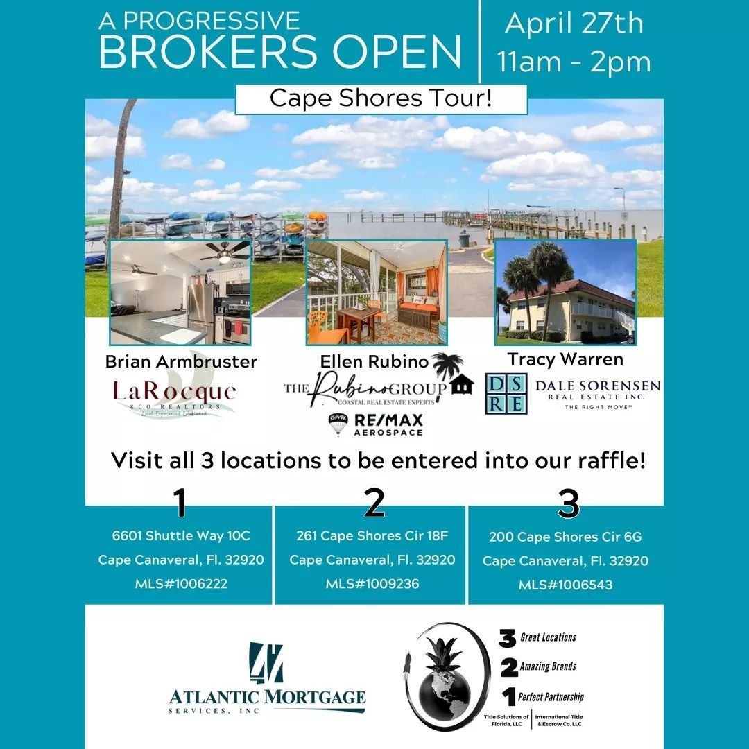 Join us Saturday April 27th 11am - 2pm for a Progressive Open House with 3 properties to tour in this resort style community in Cape Canaveral.&nbsp; We will be serving food and you'll be entered for a raffle drawing!&nbsp; All you have to do is stop