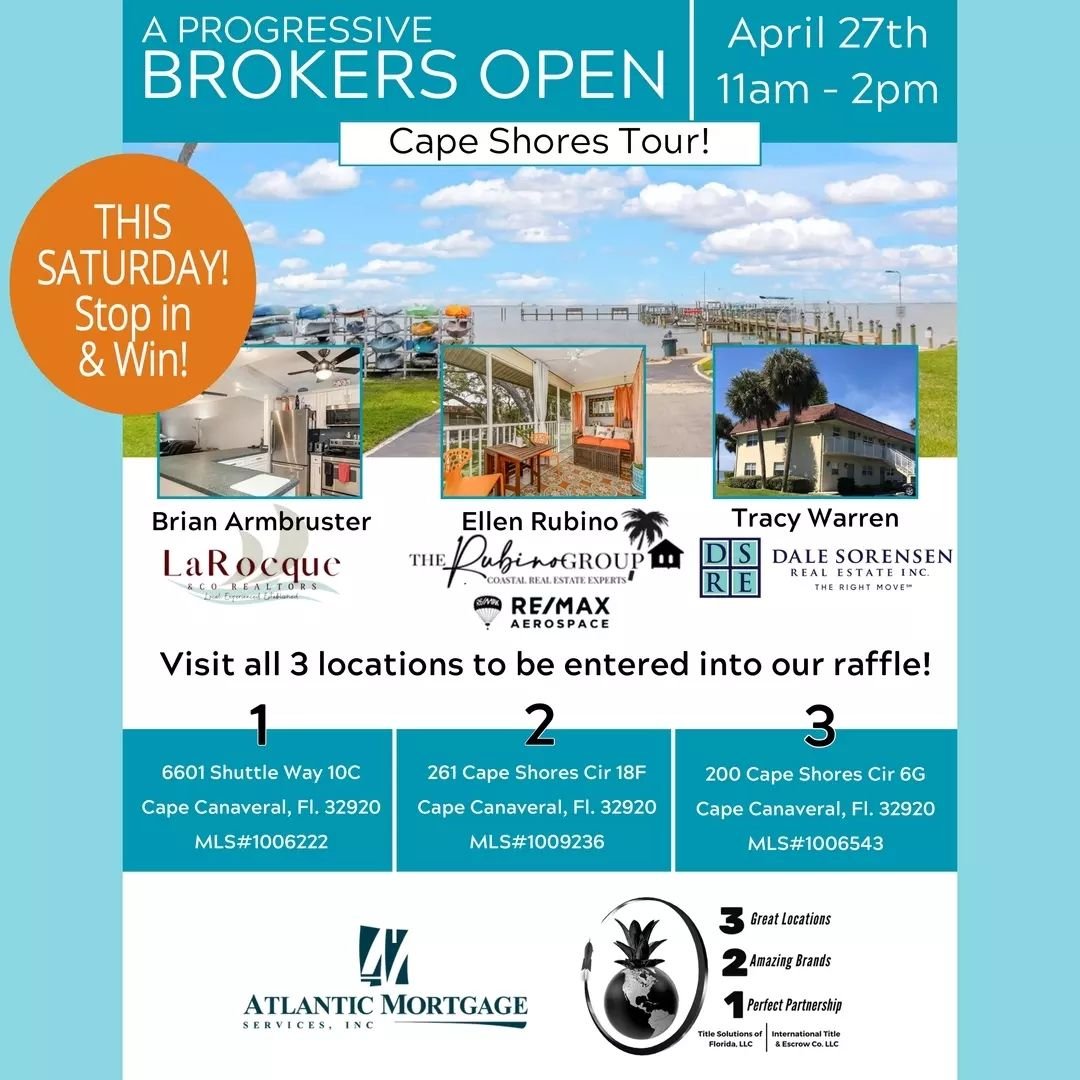 Join us tomorrow April 27th 11am - 2pm for a Progressive Open House!

Tour 3 properties for sale in this beautiful resort style community in Cape Canaveral.  Enjoy free food and enter our raffle drawing!  All you have to do is stop by each property t