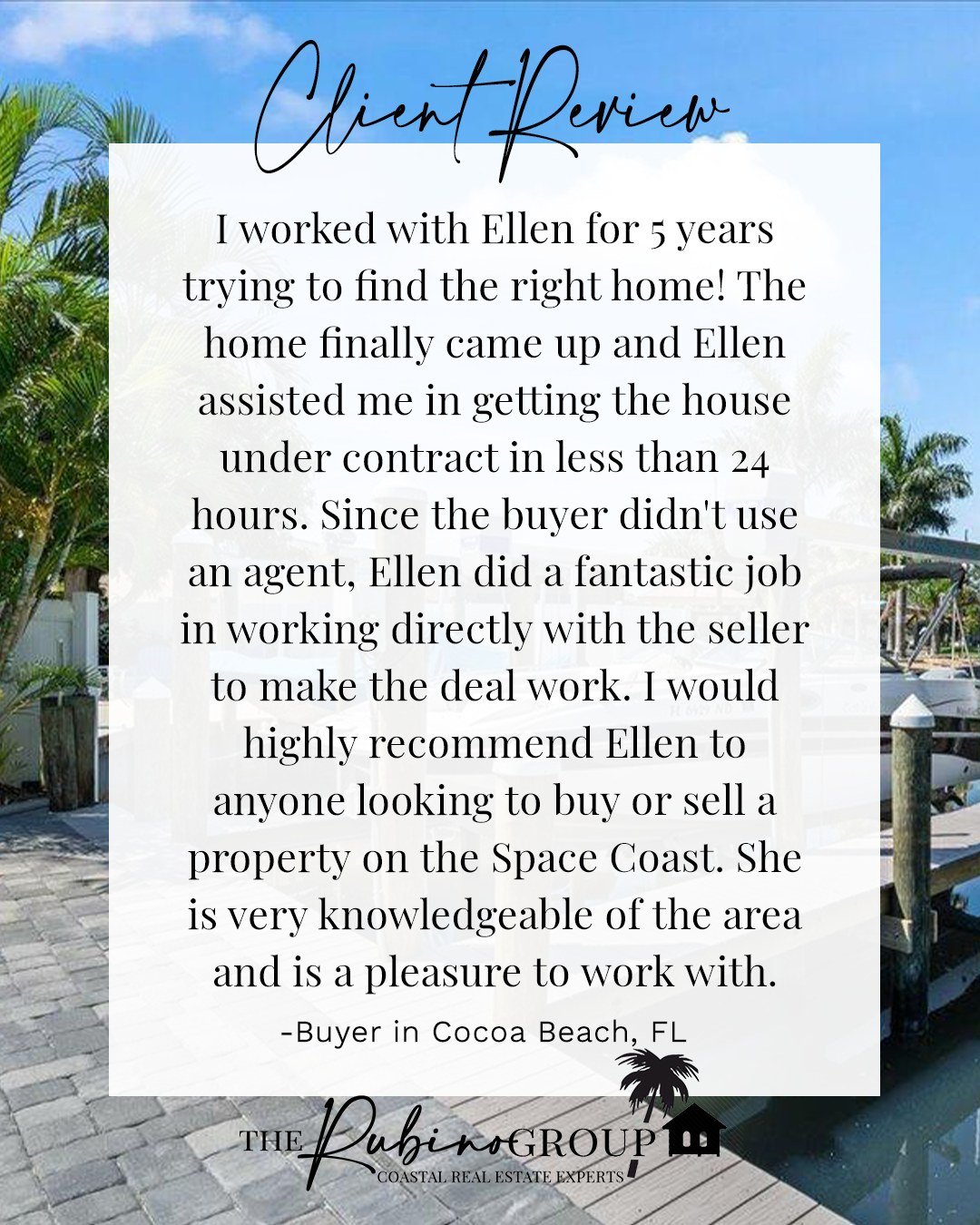 So grateful for client feedback...it is a joy to be able to work with such wonderful people!

"I worked with Ellen for 5 years trying to find the right home! The home finally came up and Ellen assisted me in getting the house under contract in l