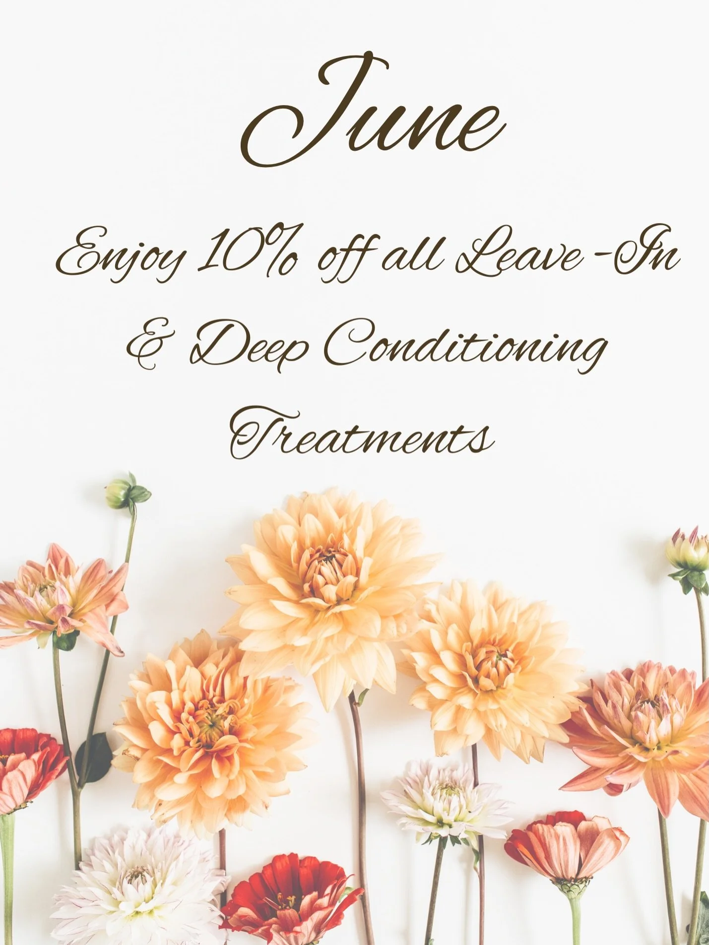 June is all about healthy hair. 🌸☀️

This month, enjoy 10% off all leave-in and take home deep conditioning treatments! Whether your hair needs extra moisture, strength, or a little post-spring refresh, we&rsquo;ve got you covered.

Book your appoin