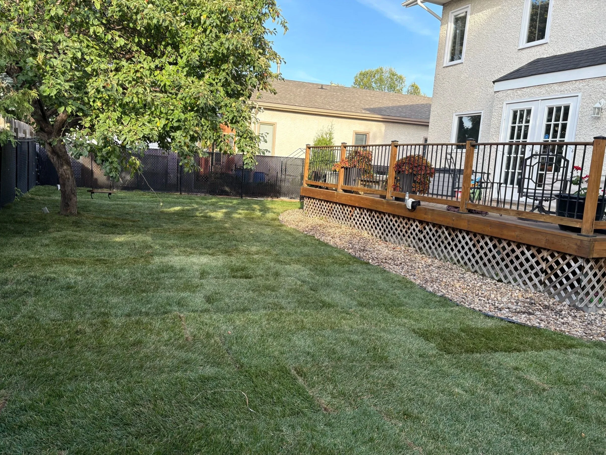 Complete backyard refresh featuring fresh sod installation and decorative river rock along the deck to create a clean, low-maintenance landscape.