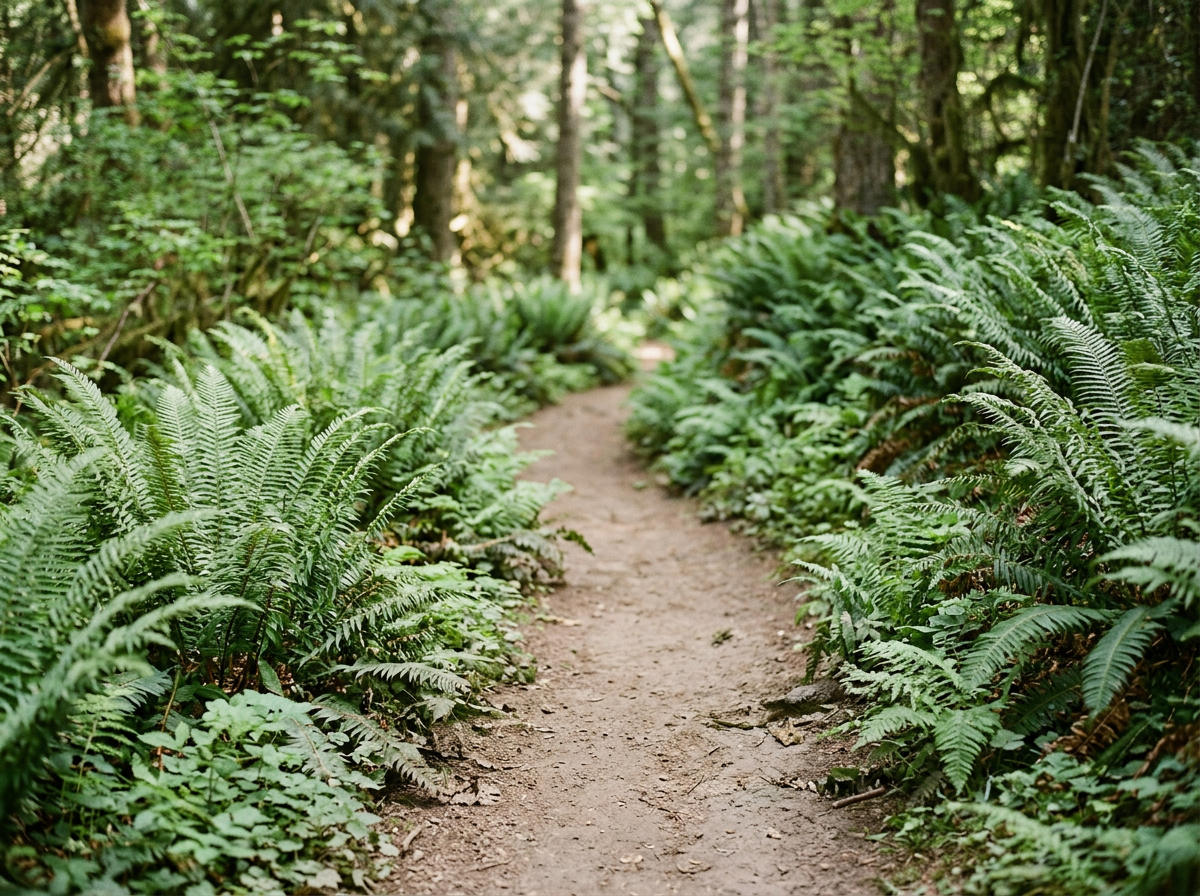 A narrow dirt trail winding through a dense forest with tall trees and lush green ferns on both sides.