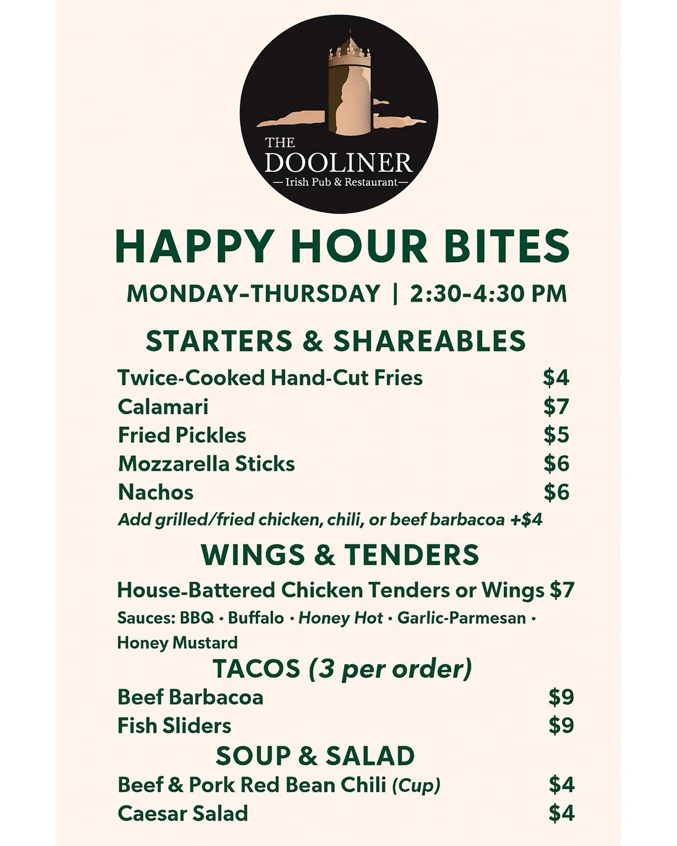 🚨 New menu launch! Starting tomorrow we will be serving happy hour bites Monday - Thursday from 02:30 p.m. to 04:30 p.m.

#TheDooliner #IrishPub #Nonantum #NewtonMa #BostonTravel #Slainte #GoodEats #happyhour #newmenu