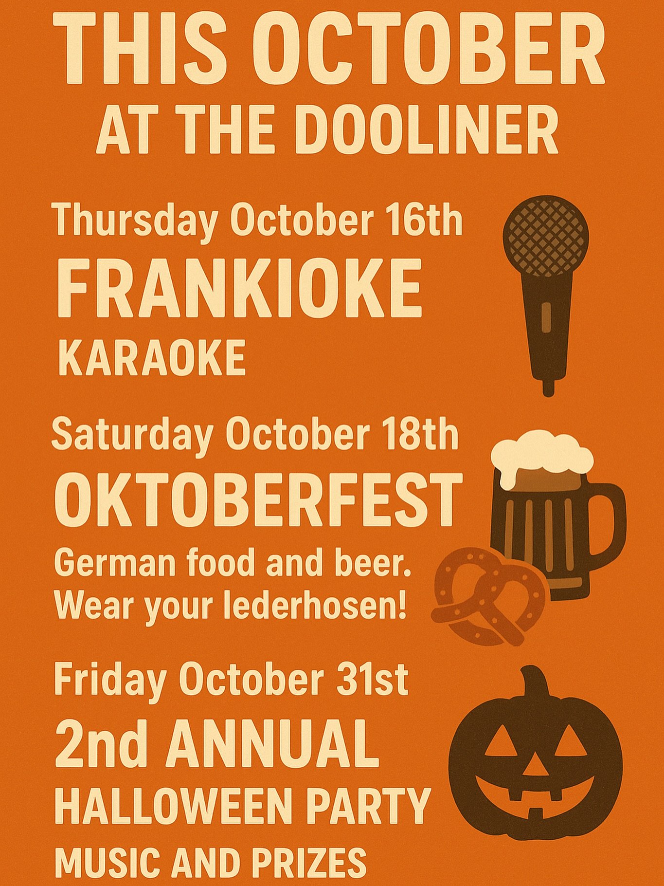 October&rsquo;s stacked at The Dooliner!
Karaoke this Thursday 9 p.m!
Oktoberfest on our patio at 3 p.m!
2nd Halloween Party at 9 p.m! 

#TheDooliner #IrishPub #Nonantum #NewtonMa #BostonTravel #Slainte #GoodEats #livemusic #oktoberfest #karaoke #hal