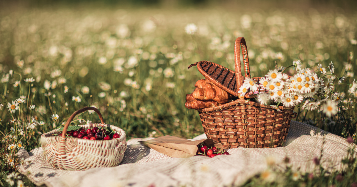 mindful eating tips with a picnic and basket of cherries
