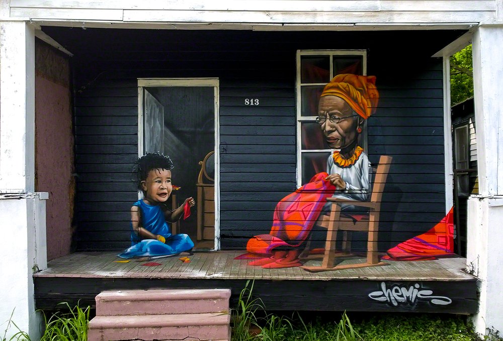  Front porch of a home in the Mural House Program, Old South Baton Rouge, Louisiana.  Photo courtesy of Museum of Public Art  