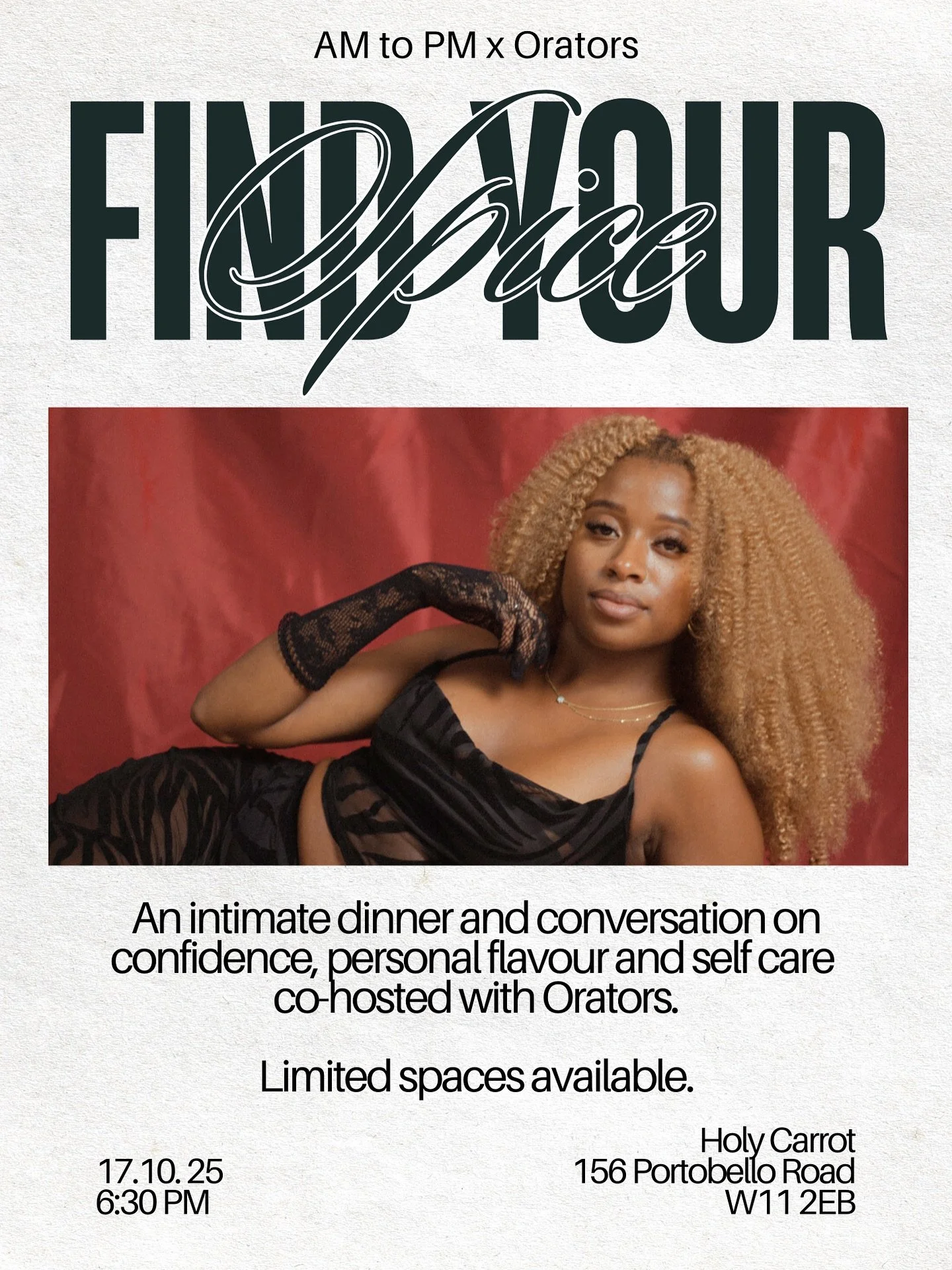 2 seats left! 🍽️

I&rsquo;m hosting a dinner with @oratorsinc at the incredible @holycarrotrestaurant all about Finding Your Spice 🫦

We&rsquo;ll be exploring all my favourite themes like self confidence, personal flavour, professional flair and th
