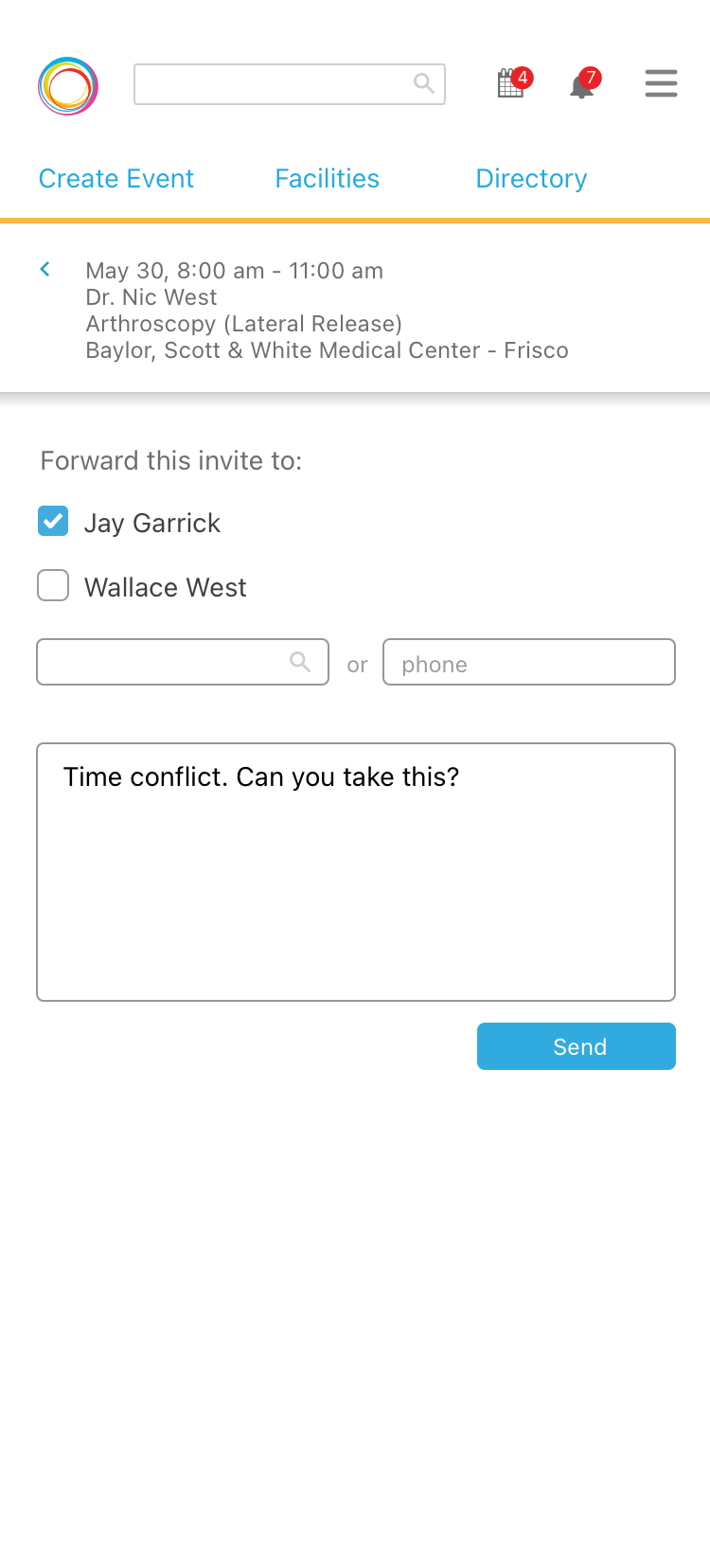 A rep forwards a case invitation to a colleague